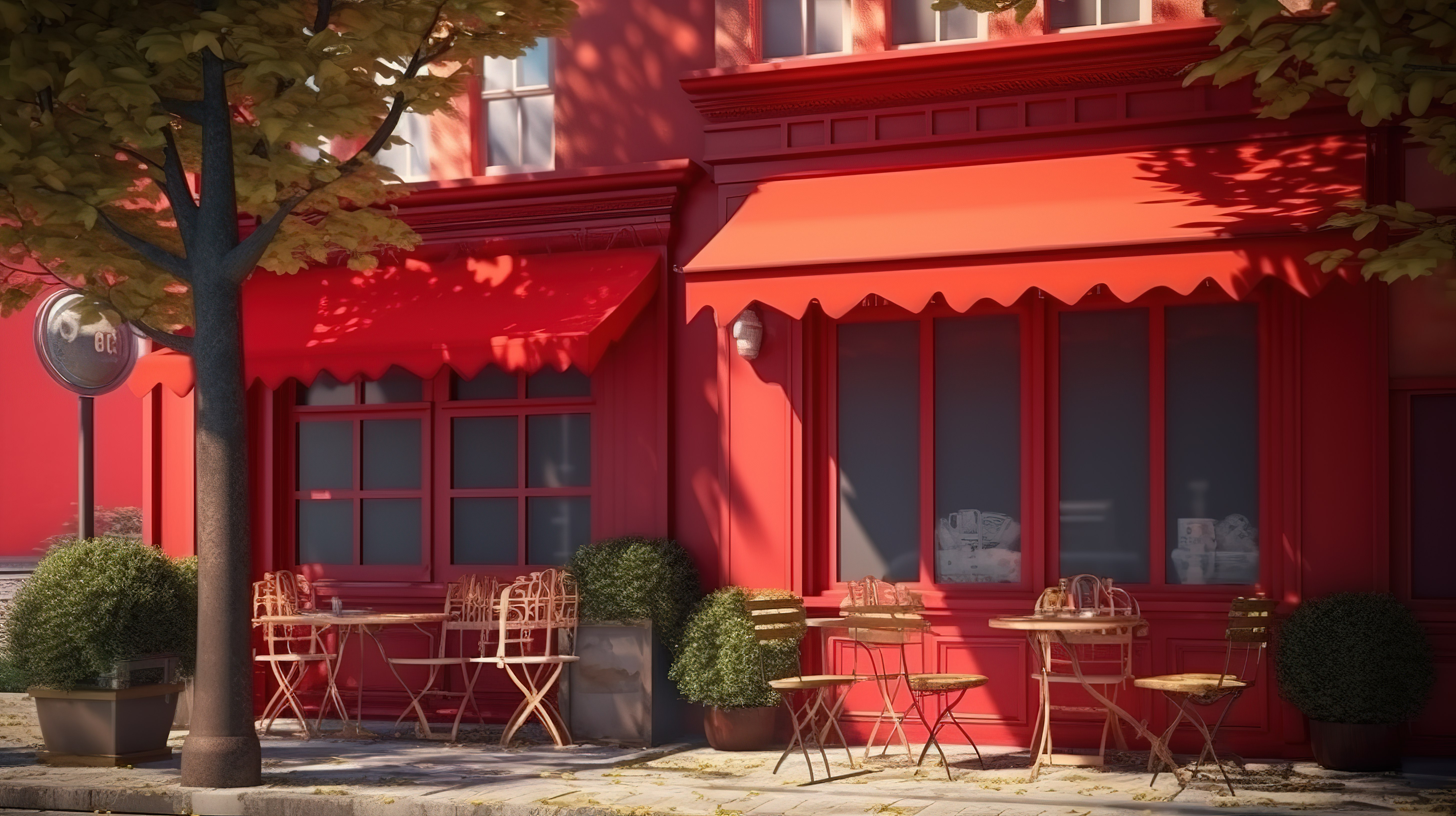 有树木和灯笼的红色遮阳篷咖啡馆，舒适的茶或咖啡店的迷人 3D 插图图片