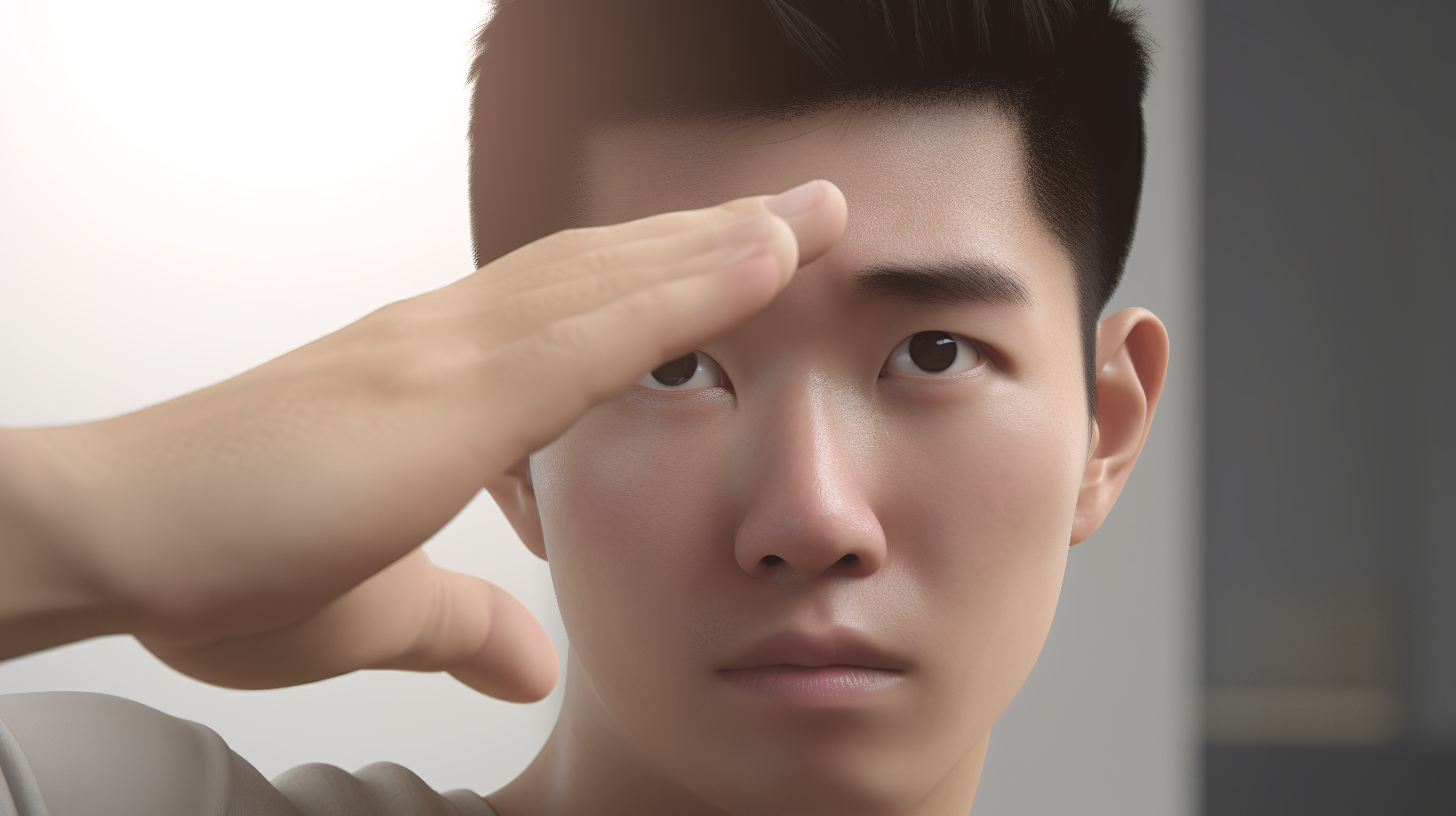 透视规划 3D 渲染：一个亚洲人手牵着手凝视远方，带着船长般的信心和希望图片