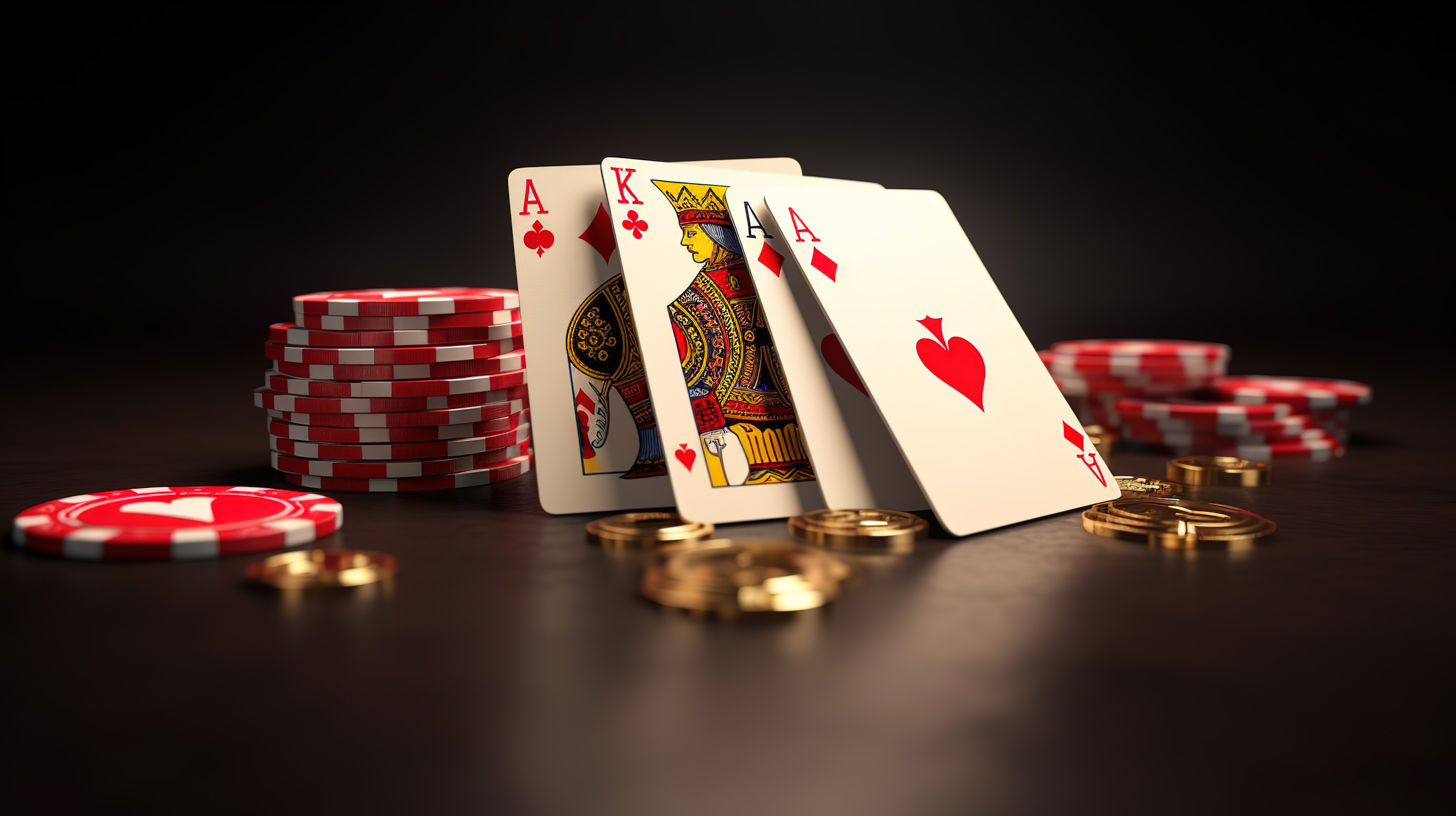 扑克牌上的红色骰子和金冠 3D 渲染，包含赌场背景和剪切路径图片