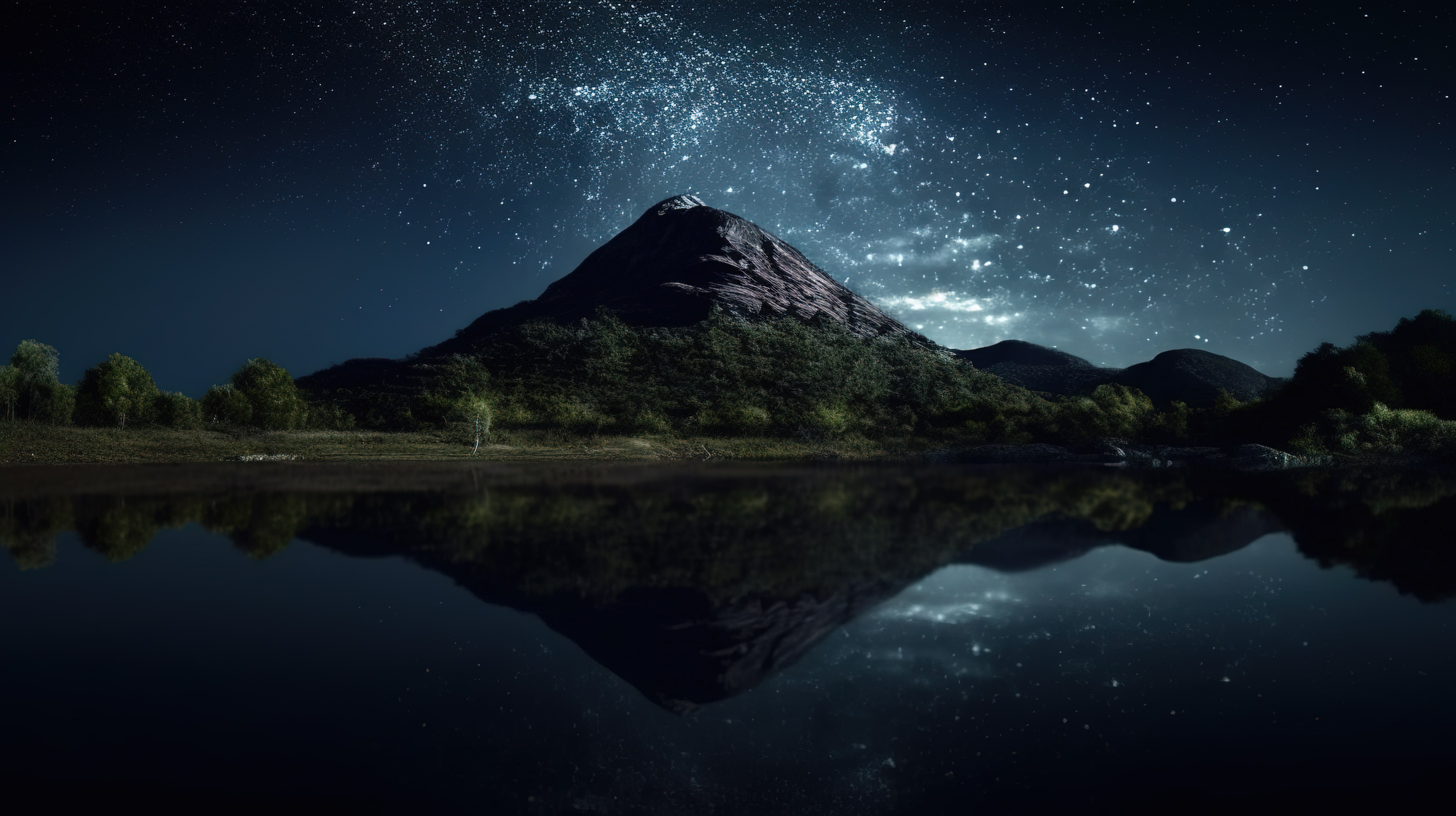 令人惊叹的 3D 湖渲染中山丘的星夜倒影图片