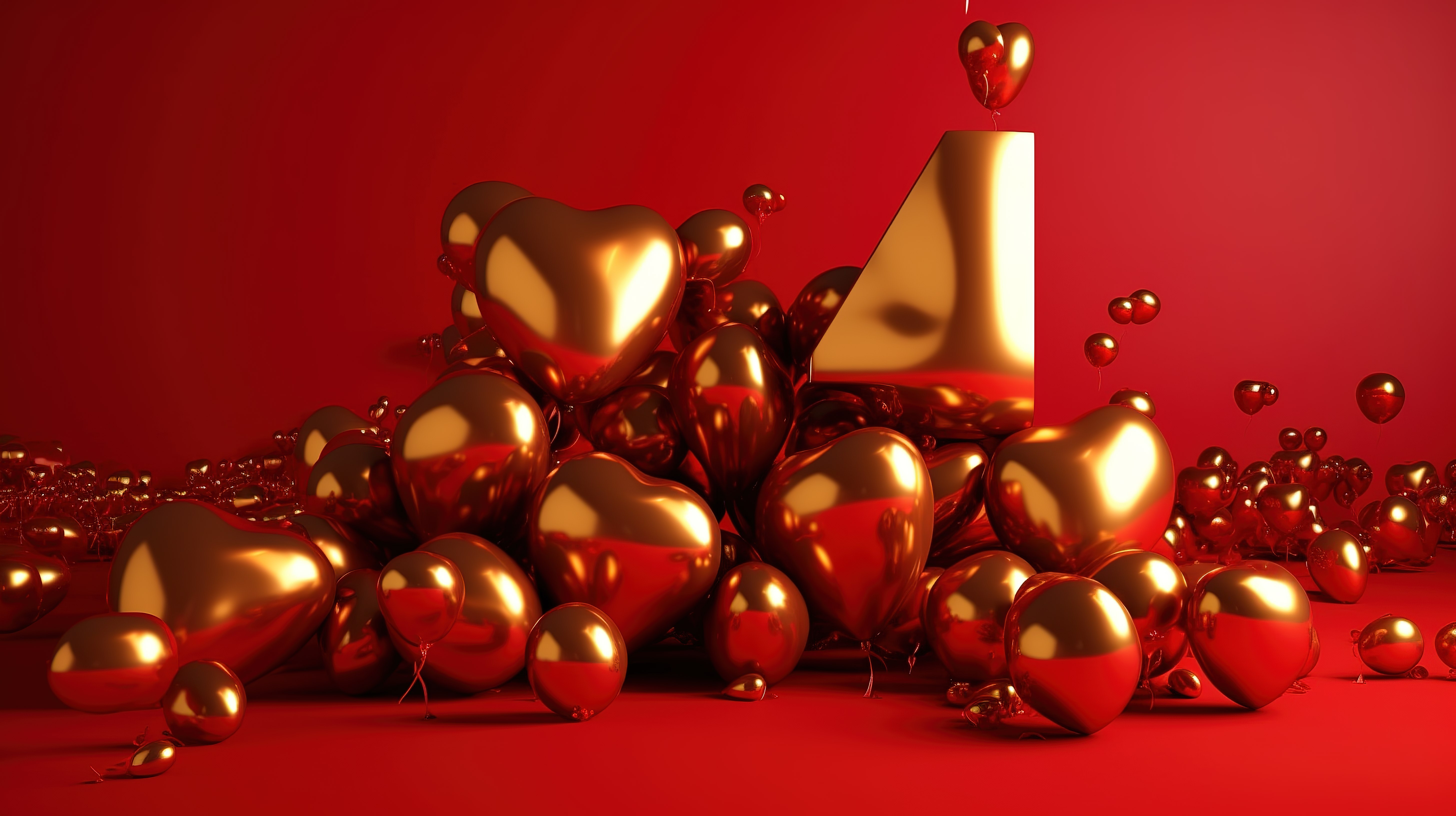 金色情人节气球字体 3D，红色背景上有闪亮的心和小球体图片