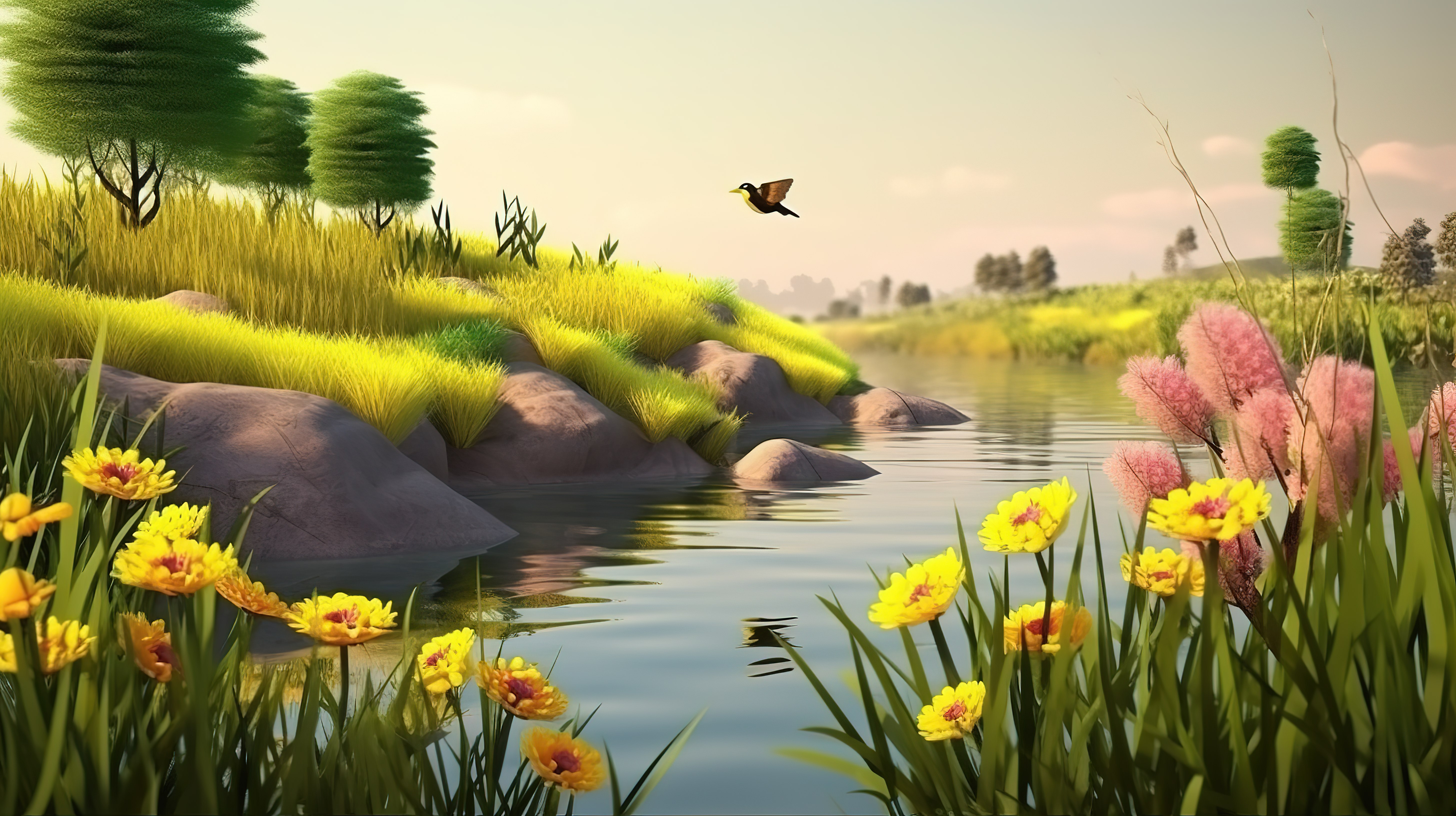 大自然的宁静 3D 描绘了美丽的河流场景和茂盛的动植物群图片