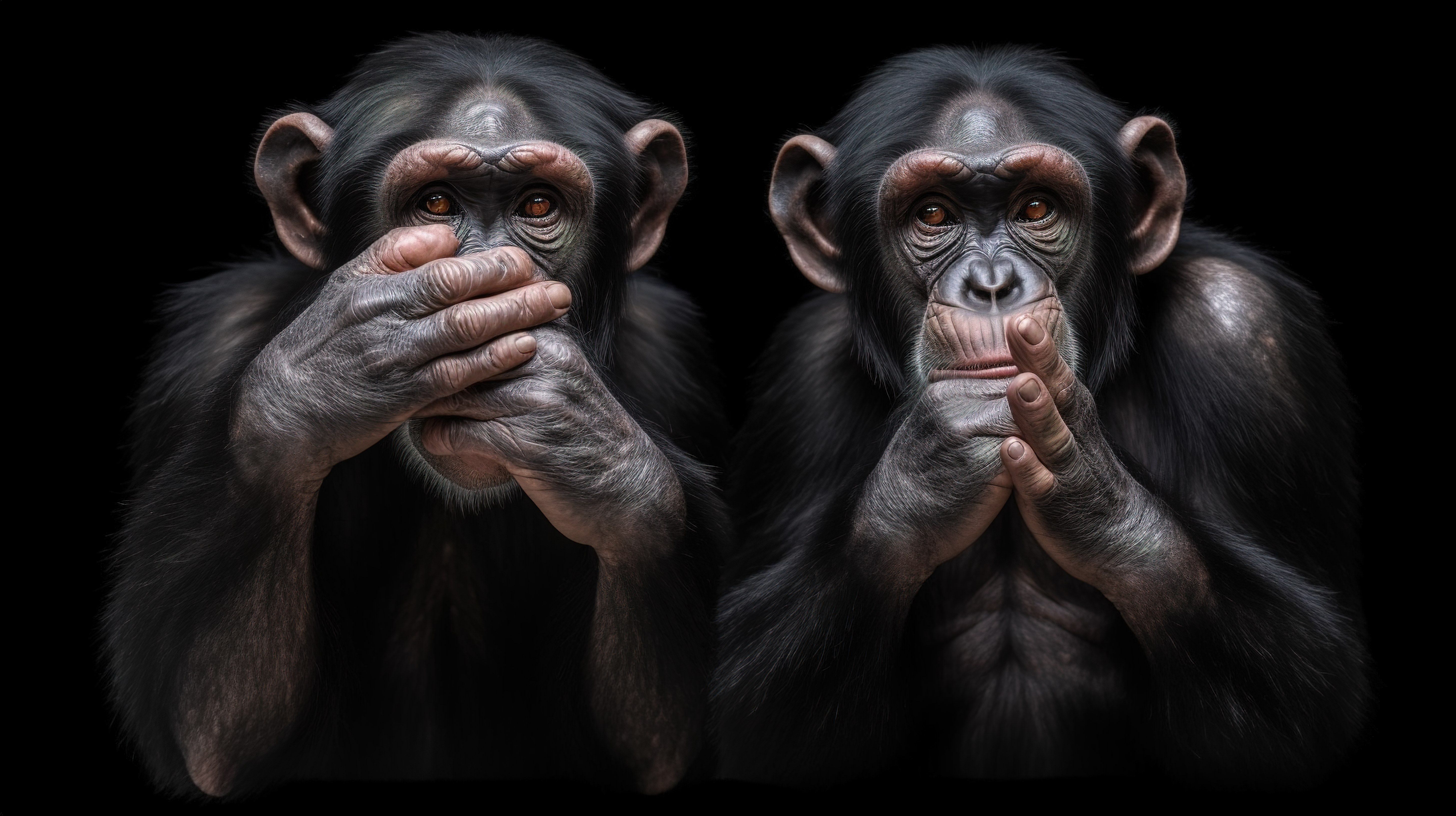 黑色背景隔离站立的黑猩猩猴子 3d 闭着眼睛说明图片