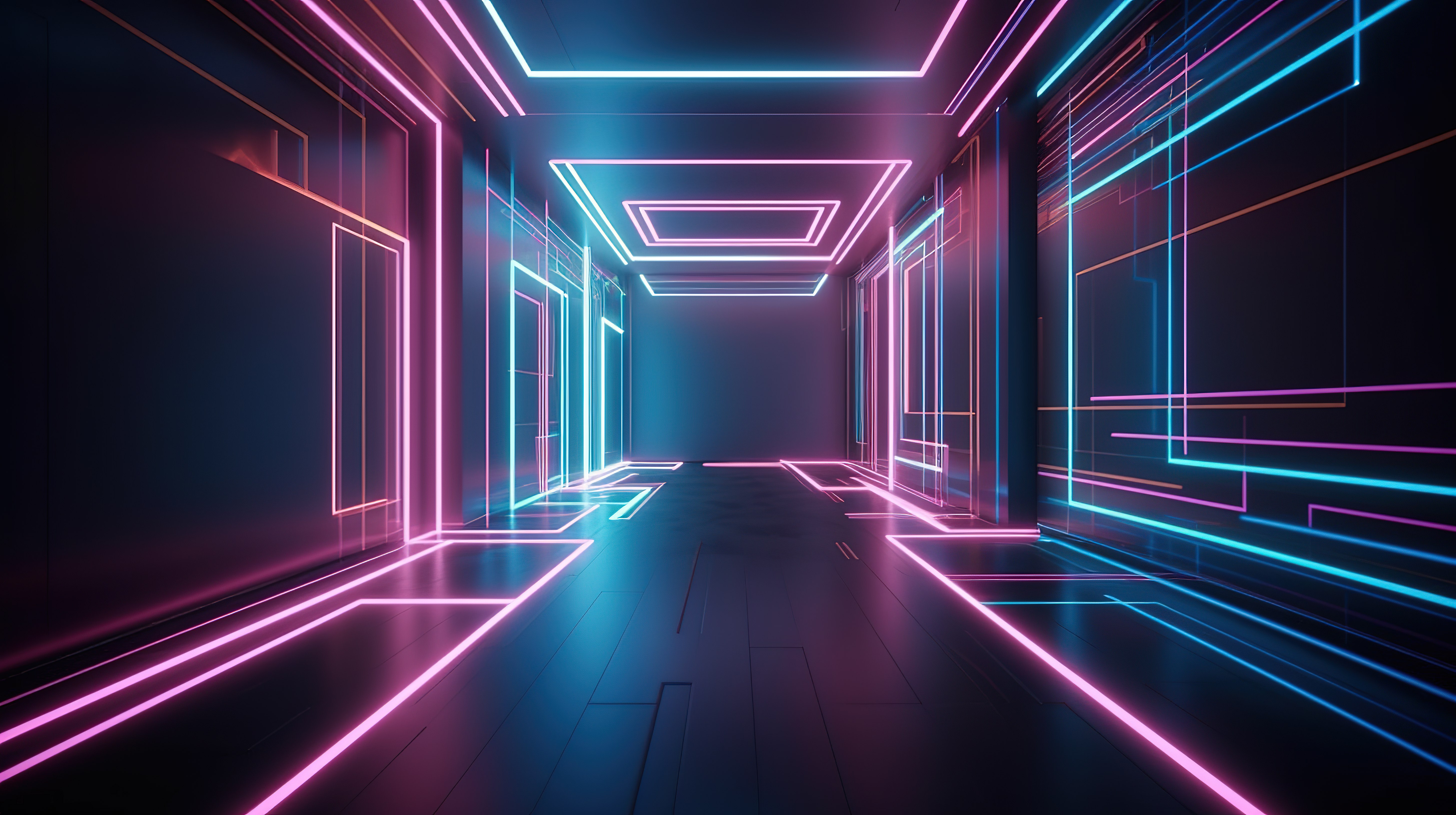 虚拟空间冒险在紫外线照明的房间中几何形状和霓虹灯线的 3D 渲染图片