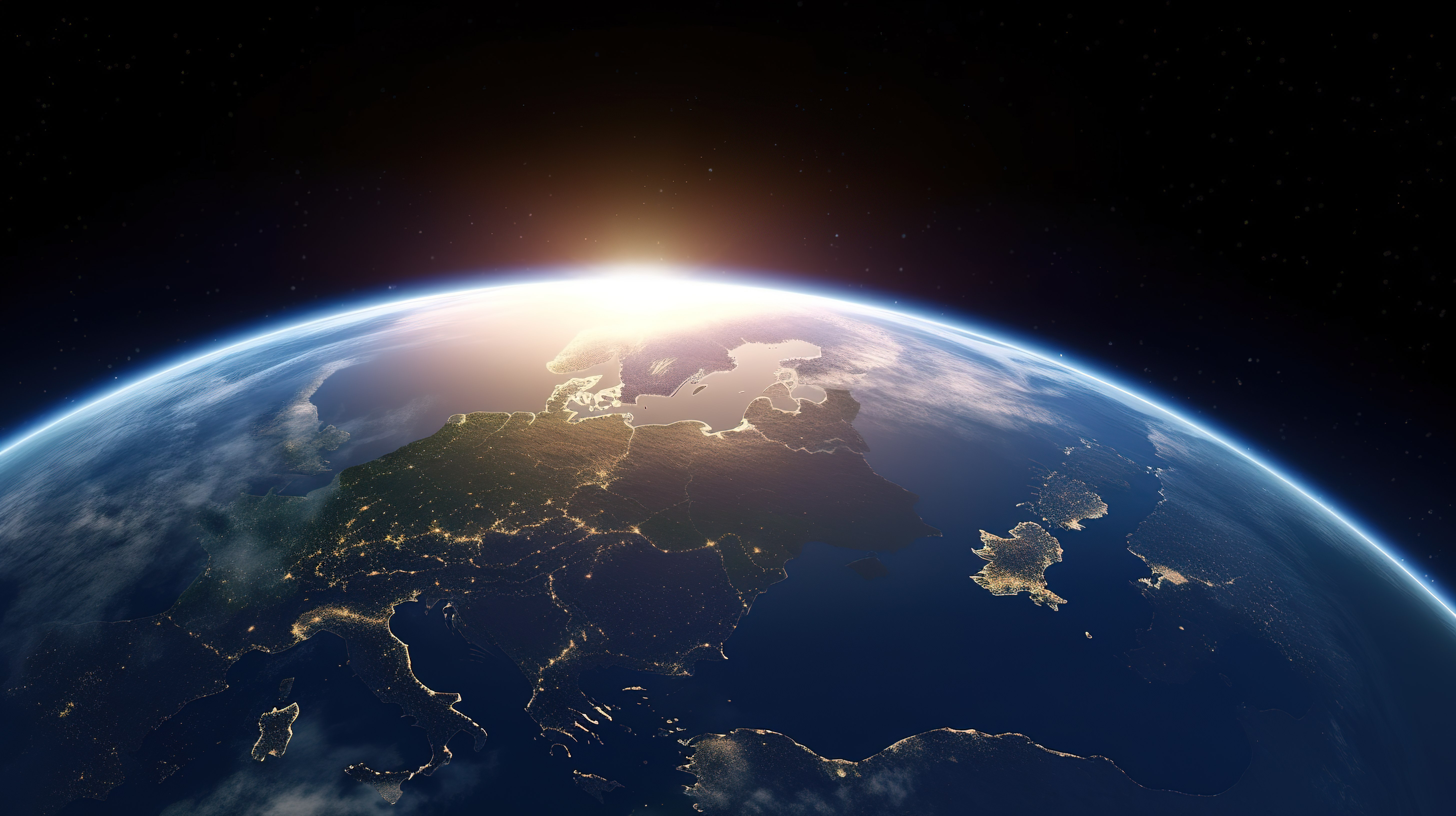 NASA 提供了具有欧洲风格的星际空间中地球上的 3D 渲染日出图片
