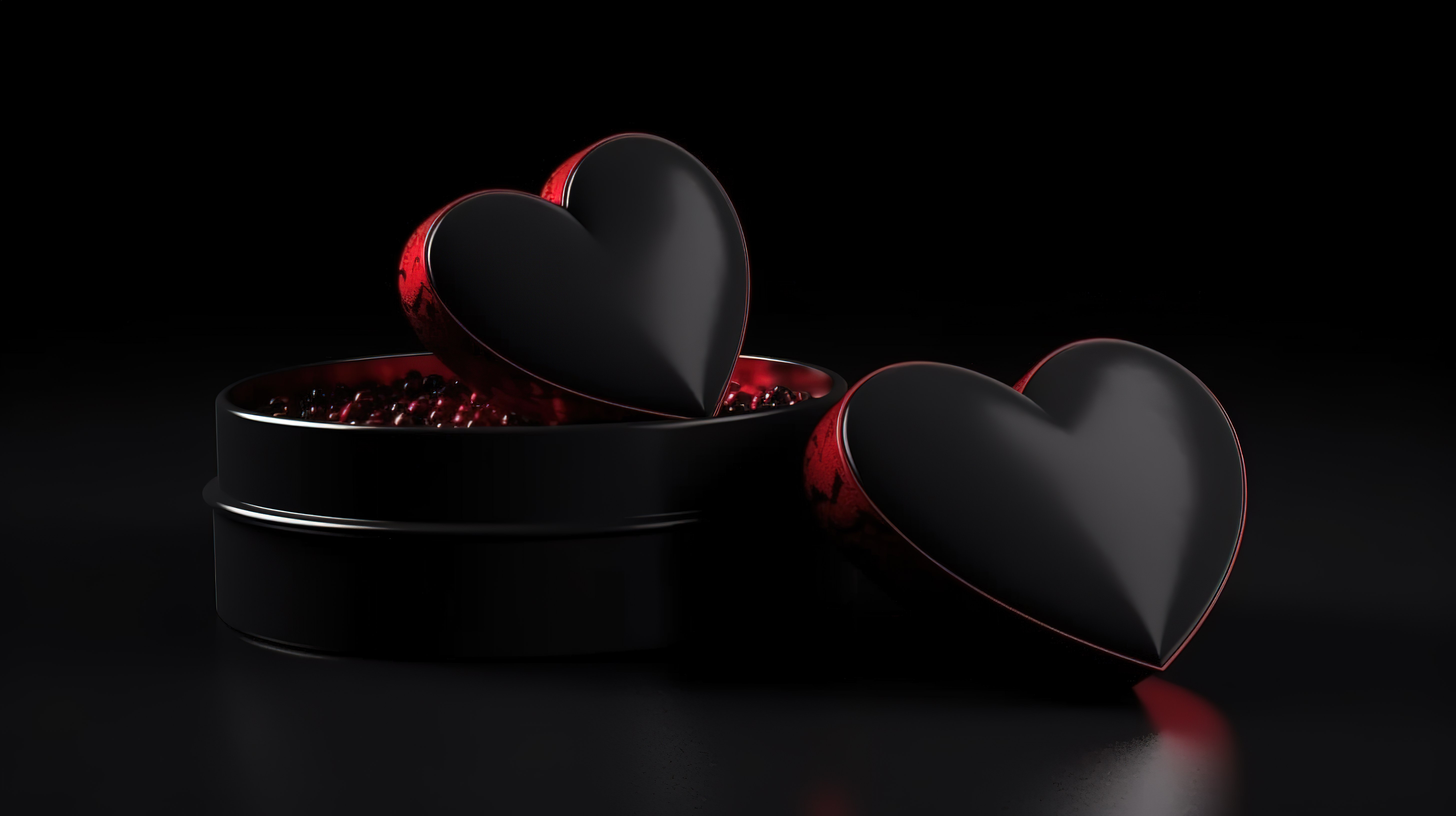 3D 情人节快乐，心形和黑色背景渲染图片