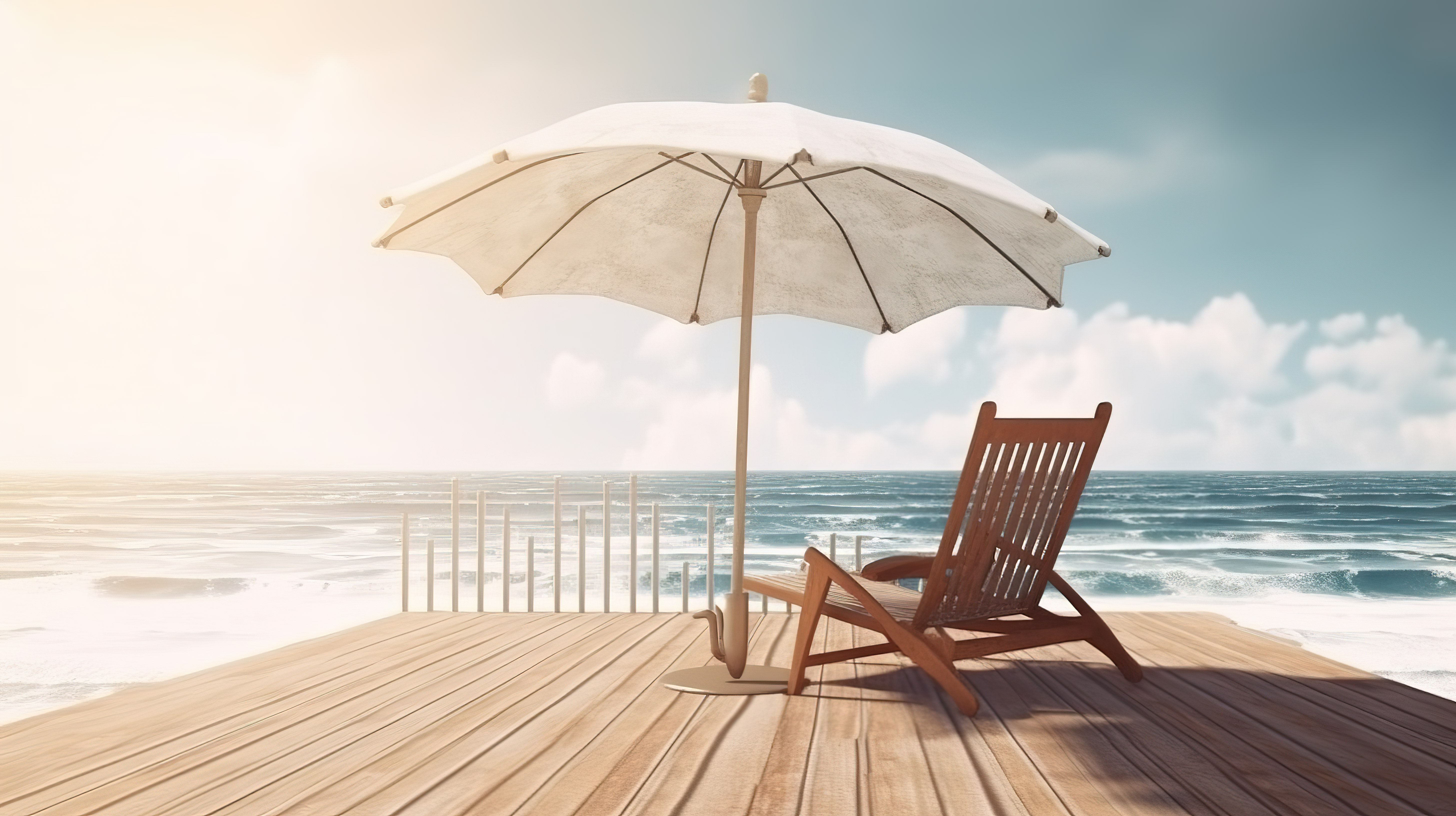 夏季海边木制露台上带雨伞的老式沙滩椅 3D 渲染图片