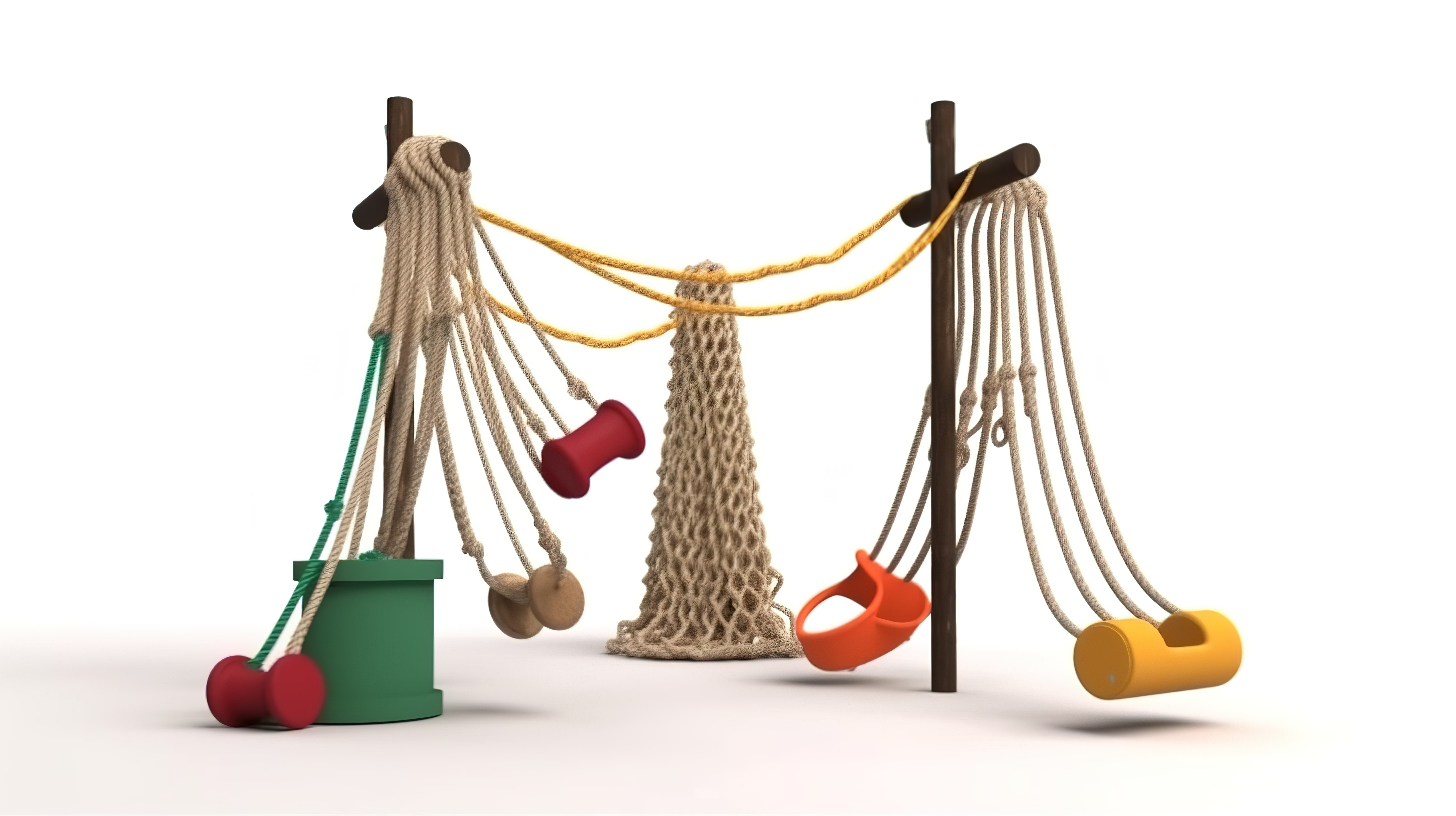 四根绳索 3D 逼真游乐场公园攀爬设备，供白色背景隔离的儿童使用图片