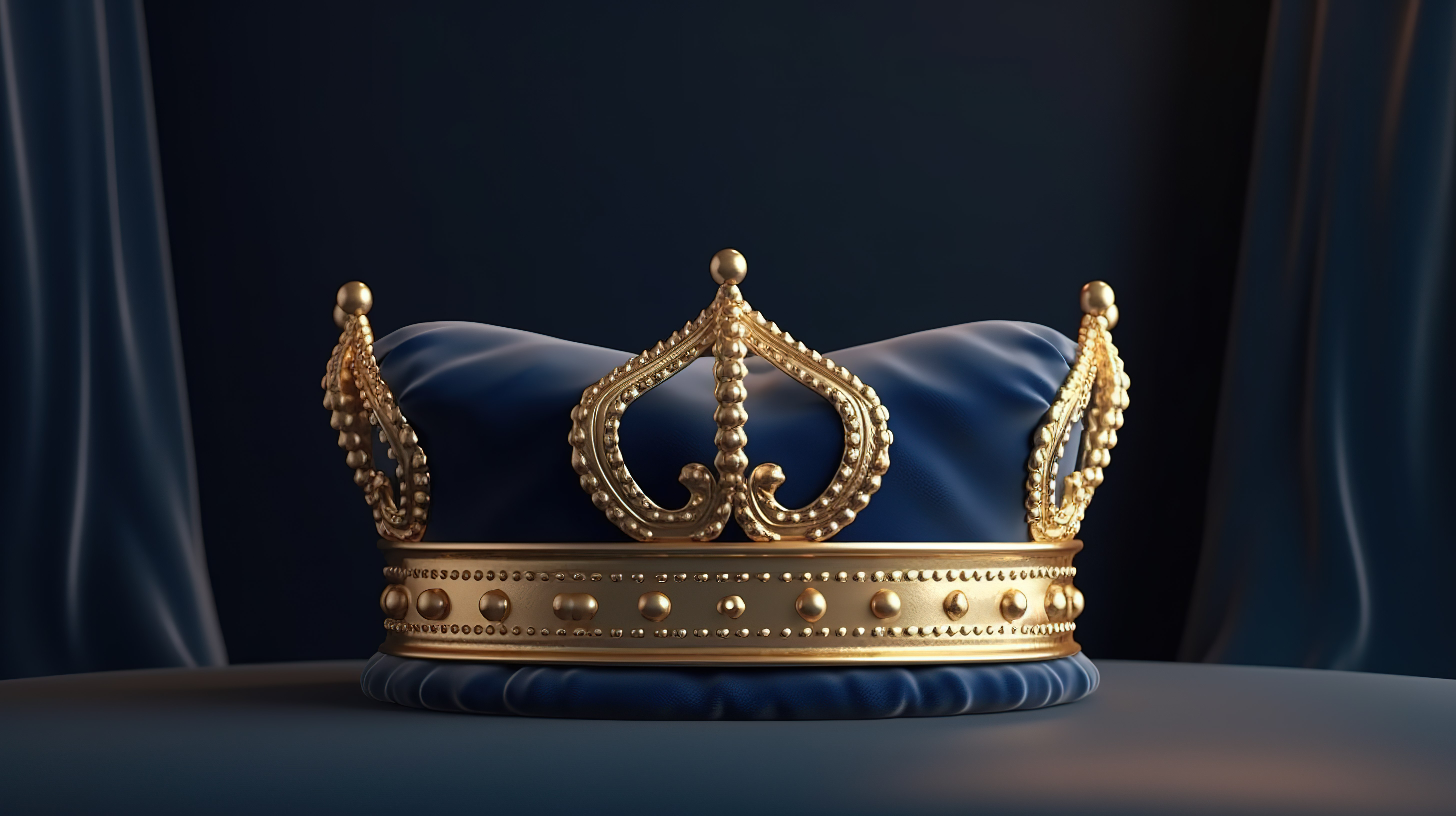 镀金贵宾皇冠蓝色枕头上金色装饰的豪华 3D 渲染图片