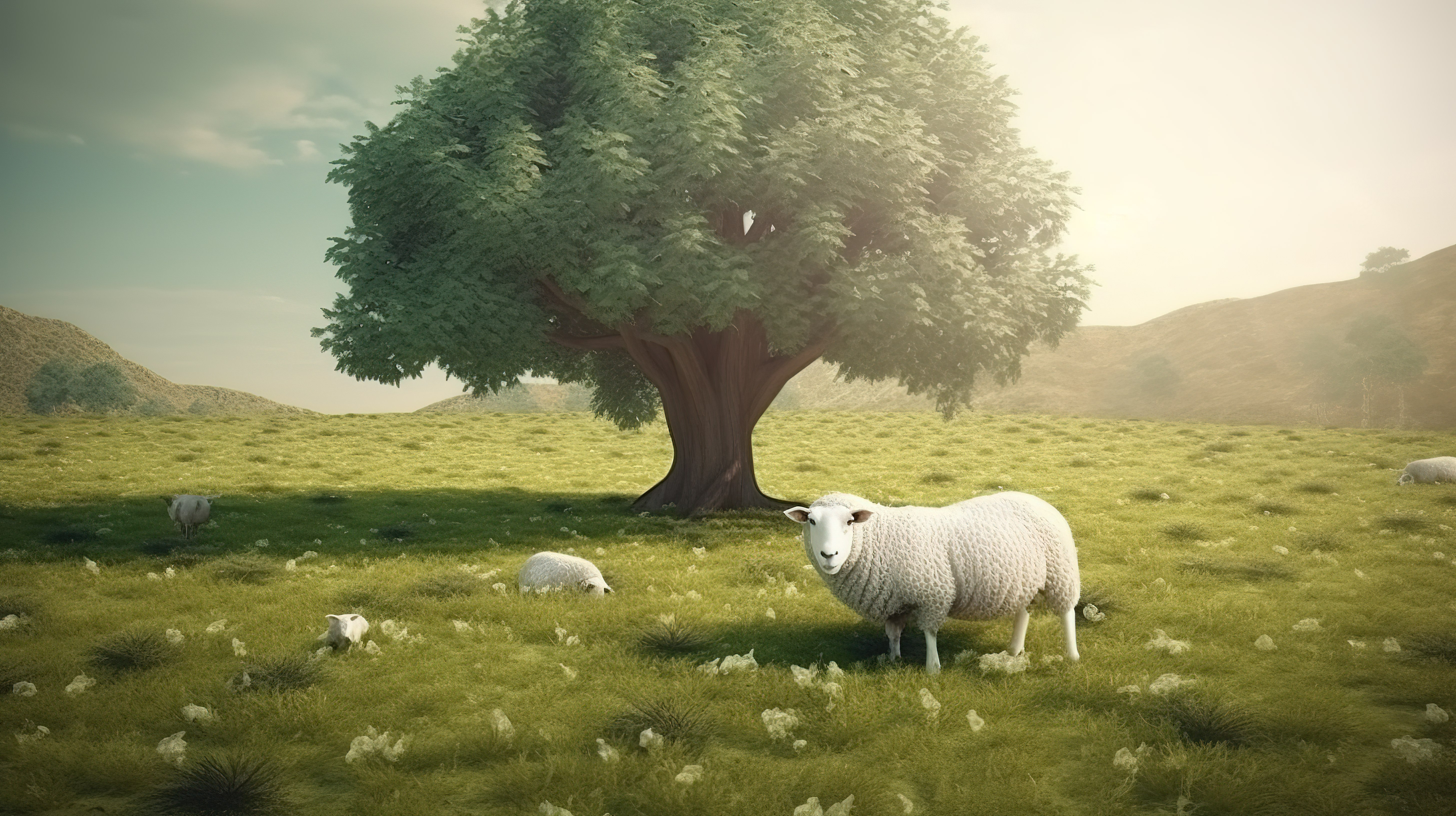 3d 渲染白羊在郁郁葱葱的绿色田野上放牧，雄伟的树象征着宰牲节图片