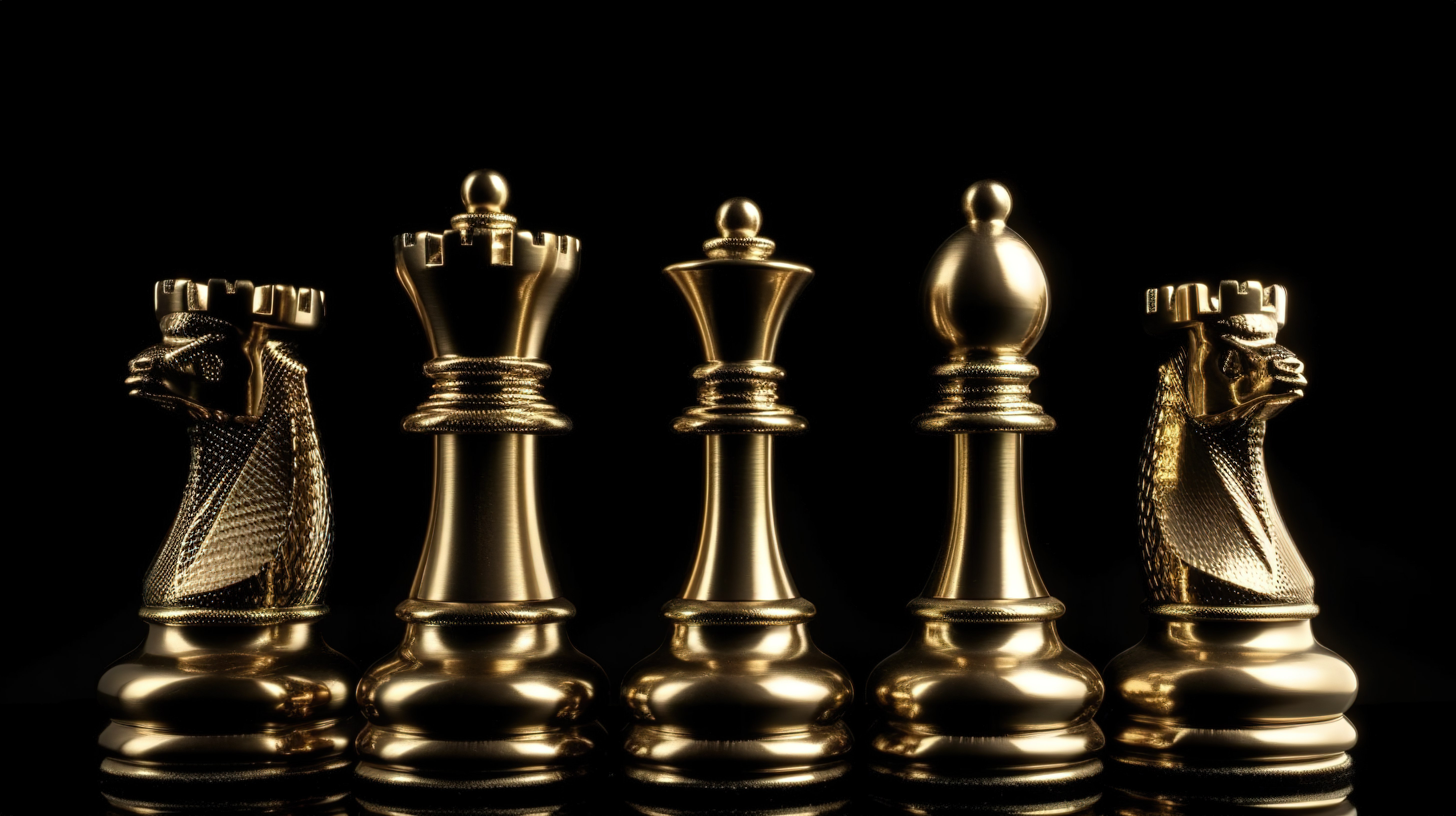 黑色背景下渲染的 3D 金色国际象棋集合中的团队协作图片