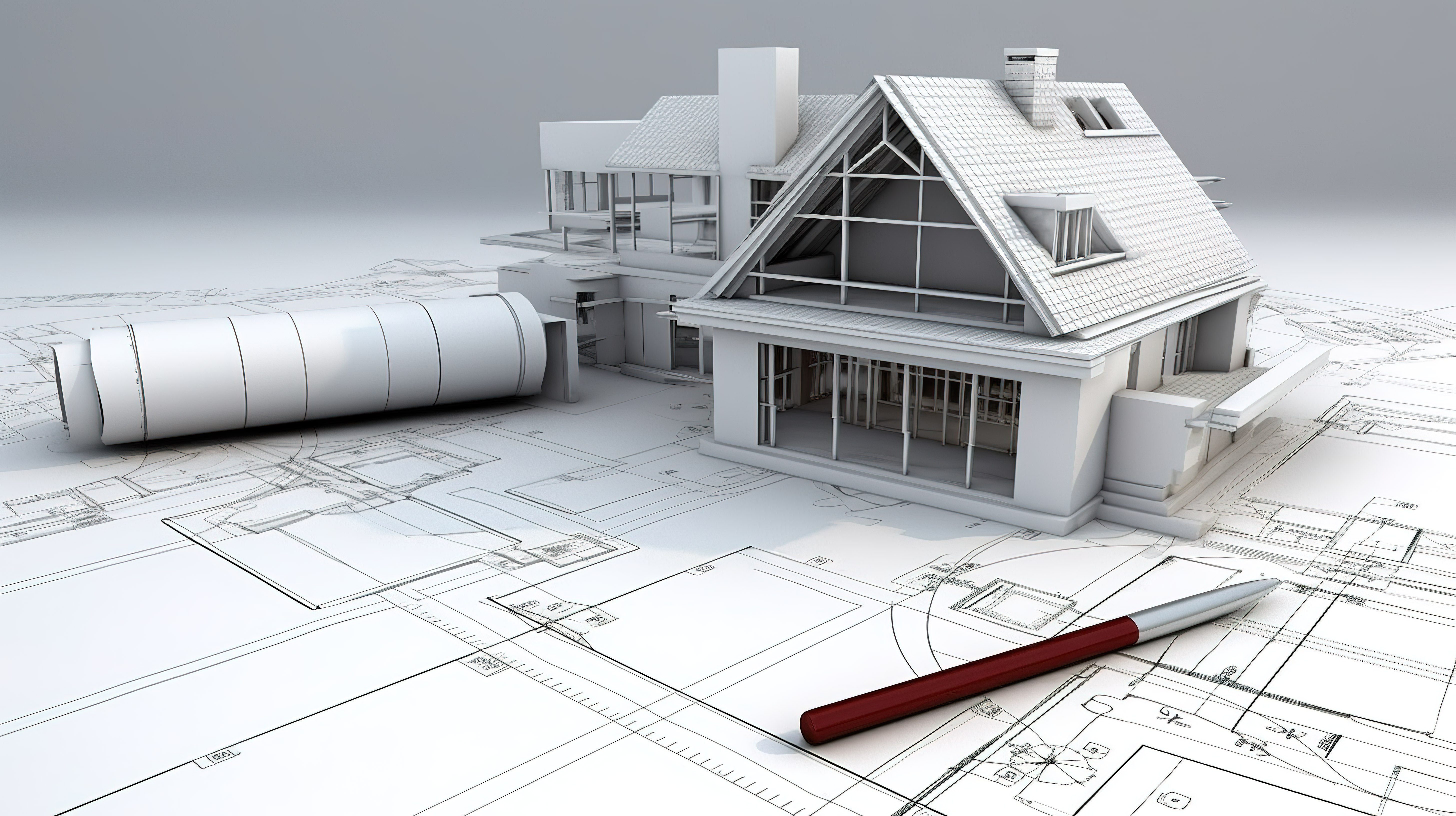 使用 3D 房屋模型在白色背景上用卡尺测量的建筑平面图图片