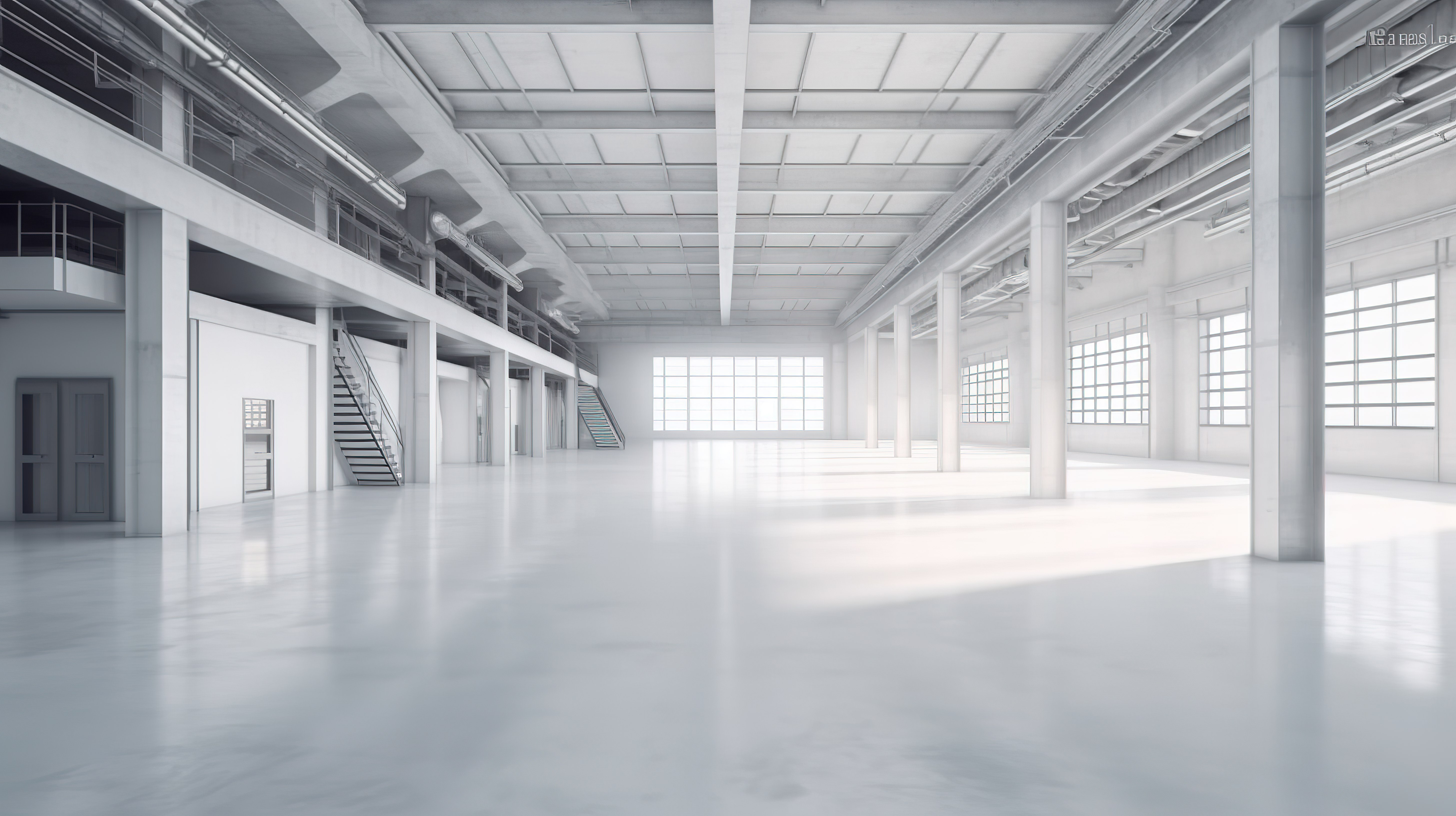 室内工厂或仓库的空白和明亮的 3D 渲染图片