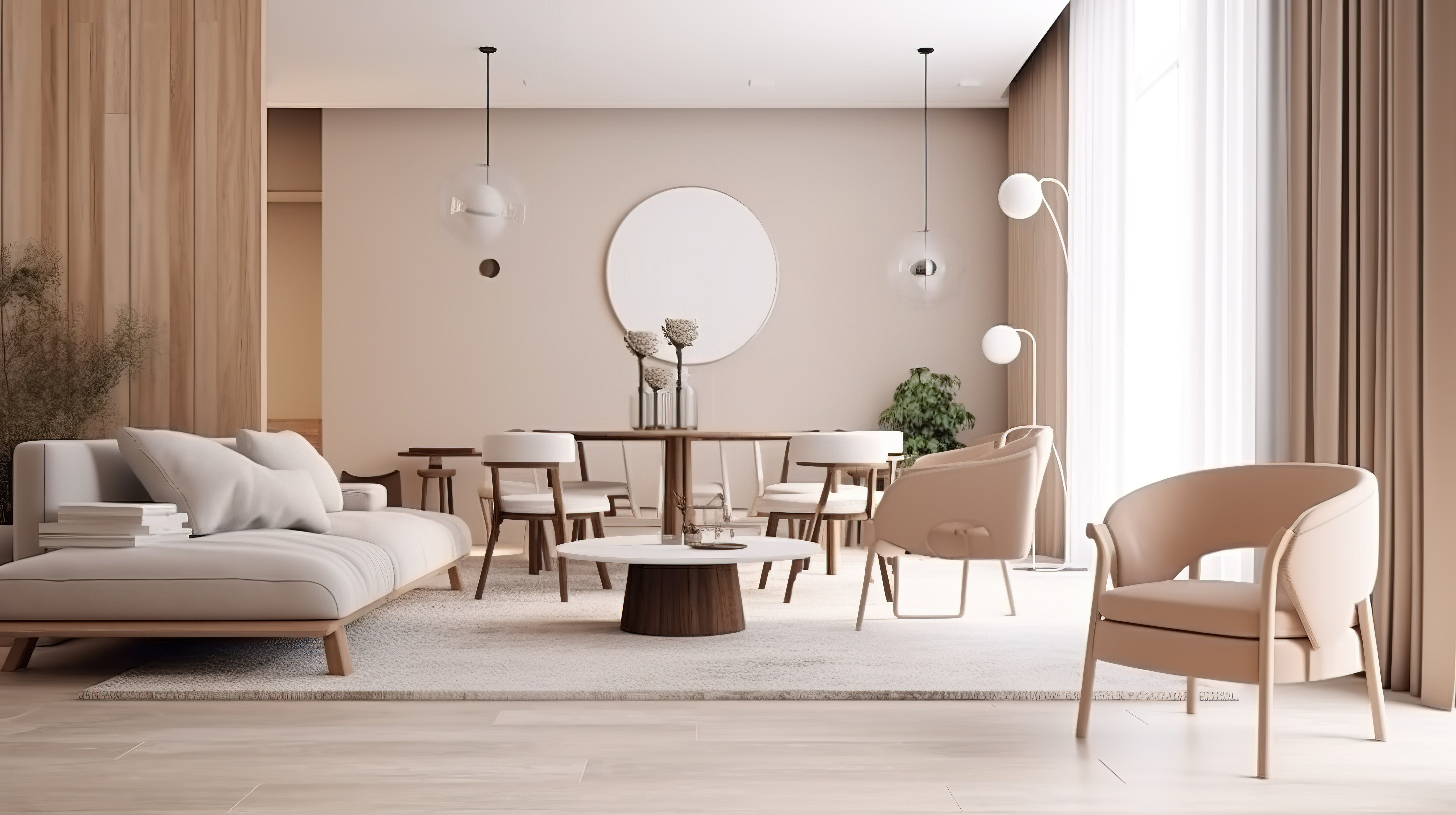 时尚现代的客厅和餐厅 3D 模型，白色米色和棕色色调图片
