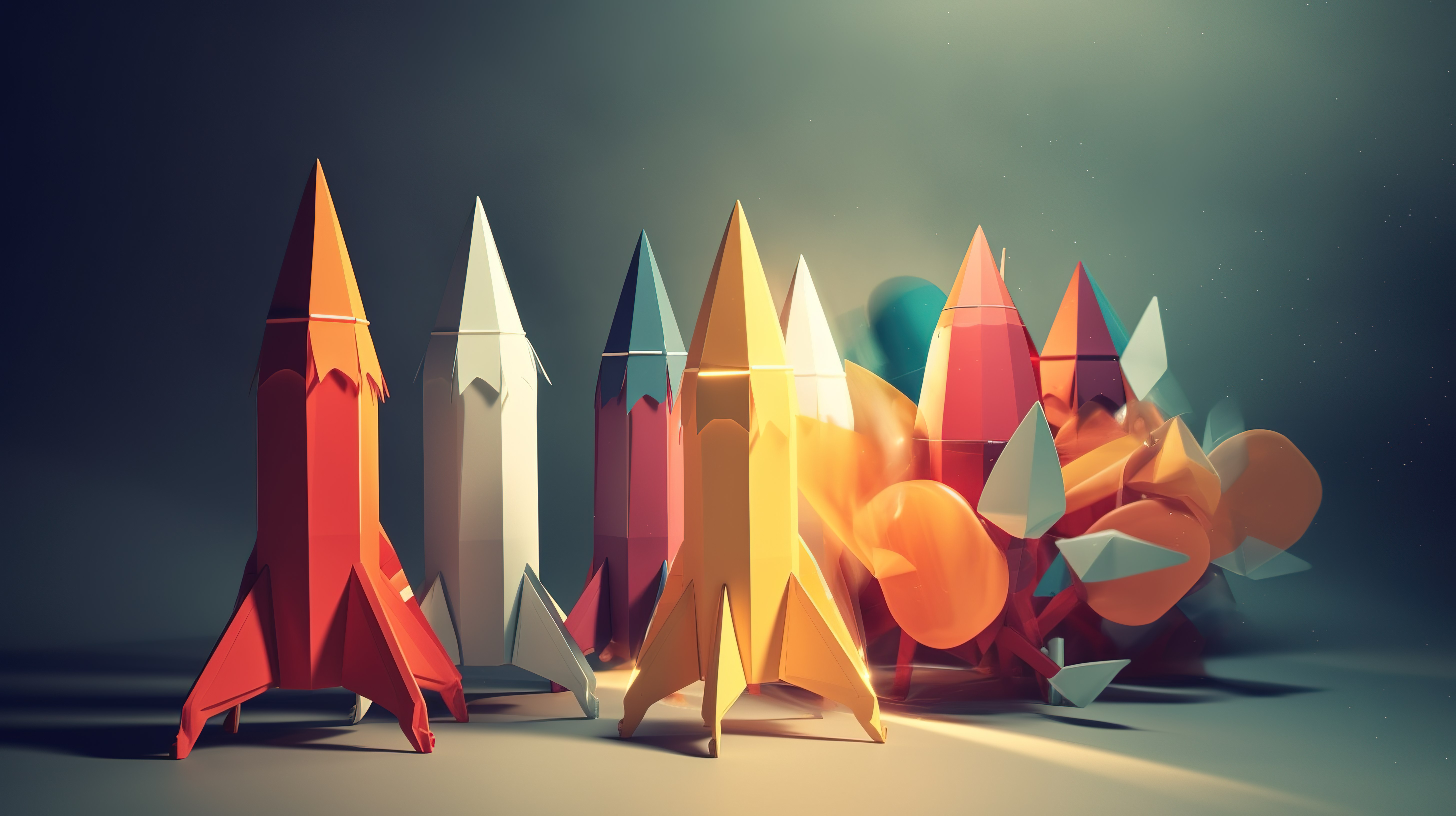 引领潮流 3D 纸火箭飞翔，具有领导象征意义渲染插图图片