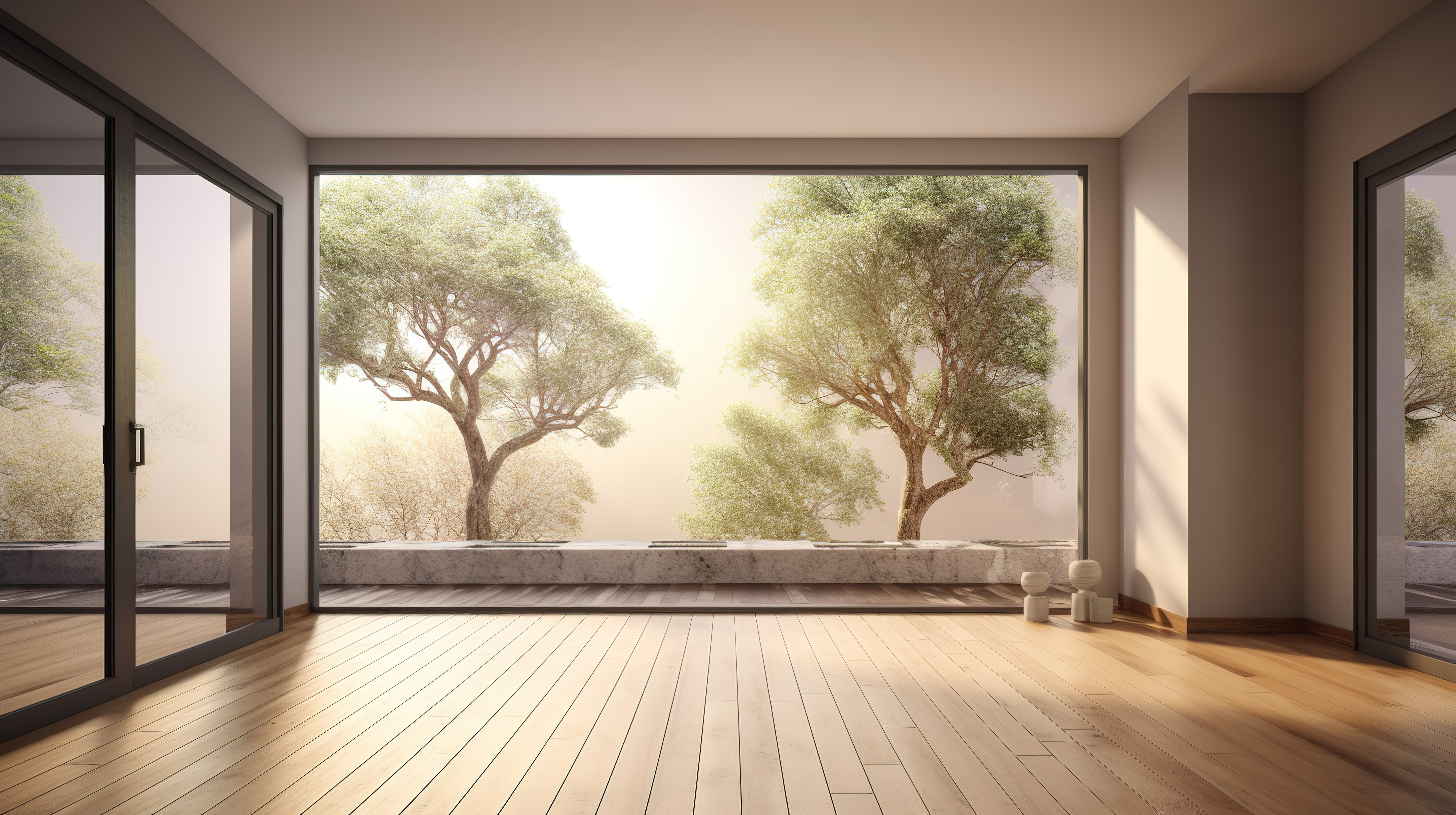 豪华客房设有木地板阳台和令人惊叹的 3D 渲染树木背景图片