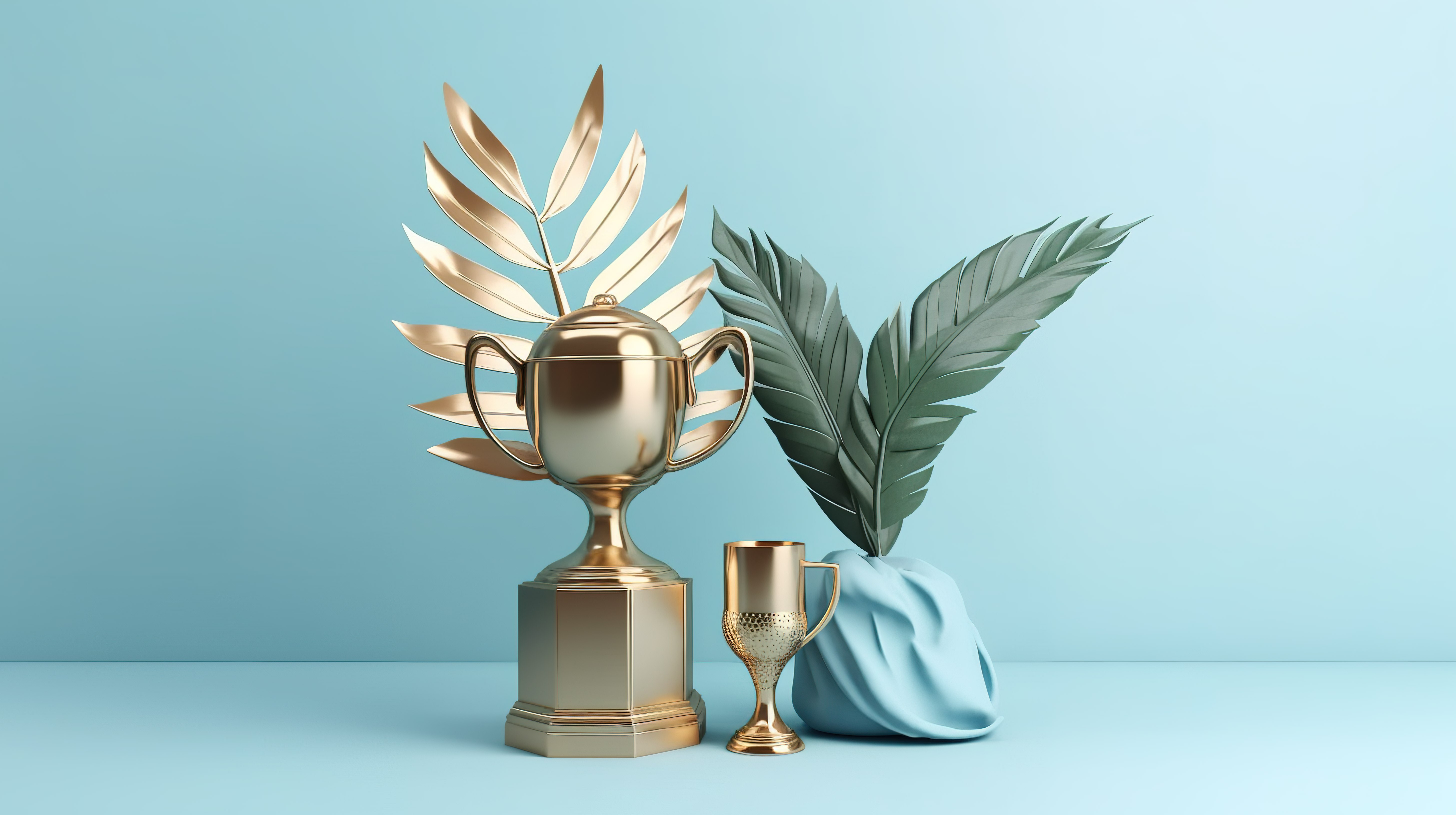浅蓝色背景下 3D 渲染的父亲节奖杯和棕榈叶装饰图片