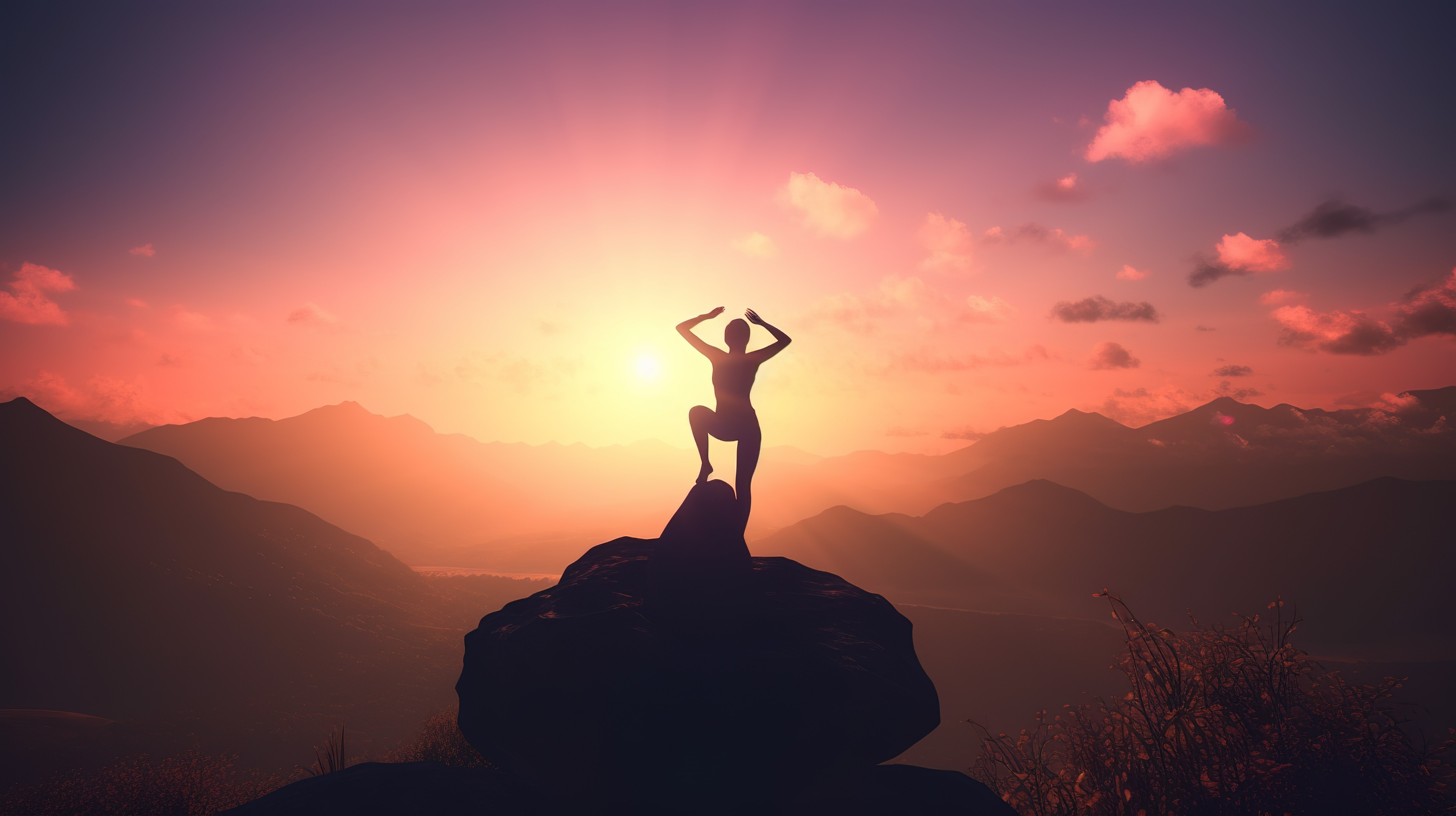 日落瑜伽 3D 渲染一个女人在山顶姿势的剪影图片