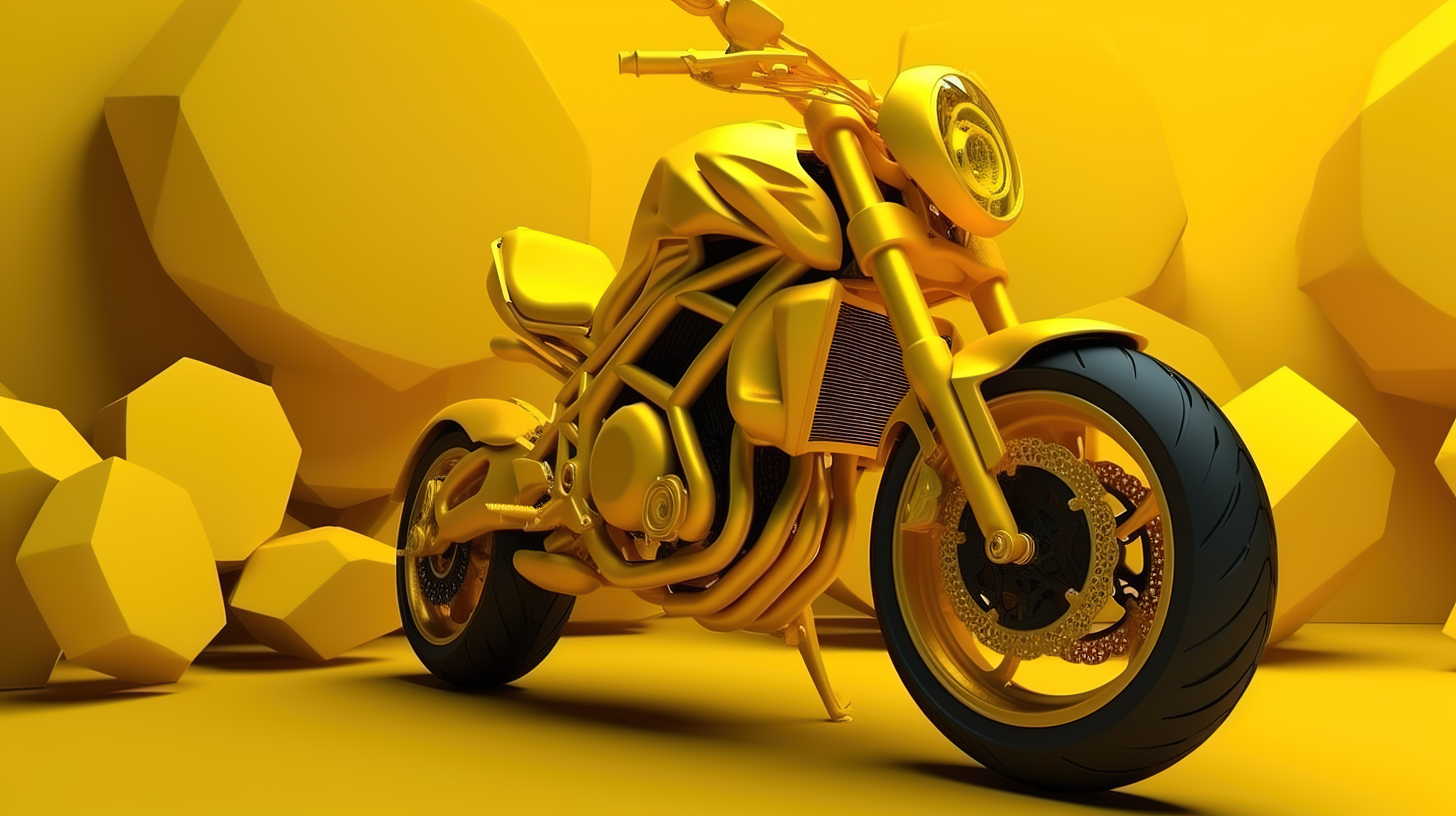 充满活力的 3D 黄色摩托车在引人注目的紫色背景上具有令人惊叹的后轮动态图片