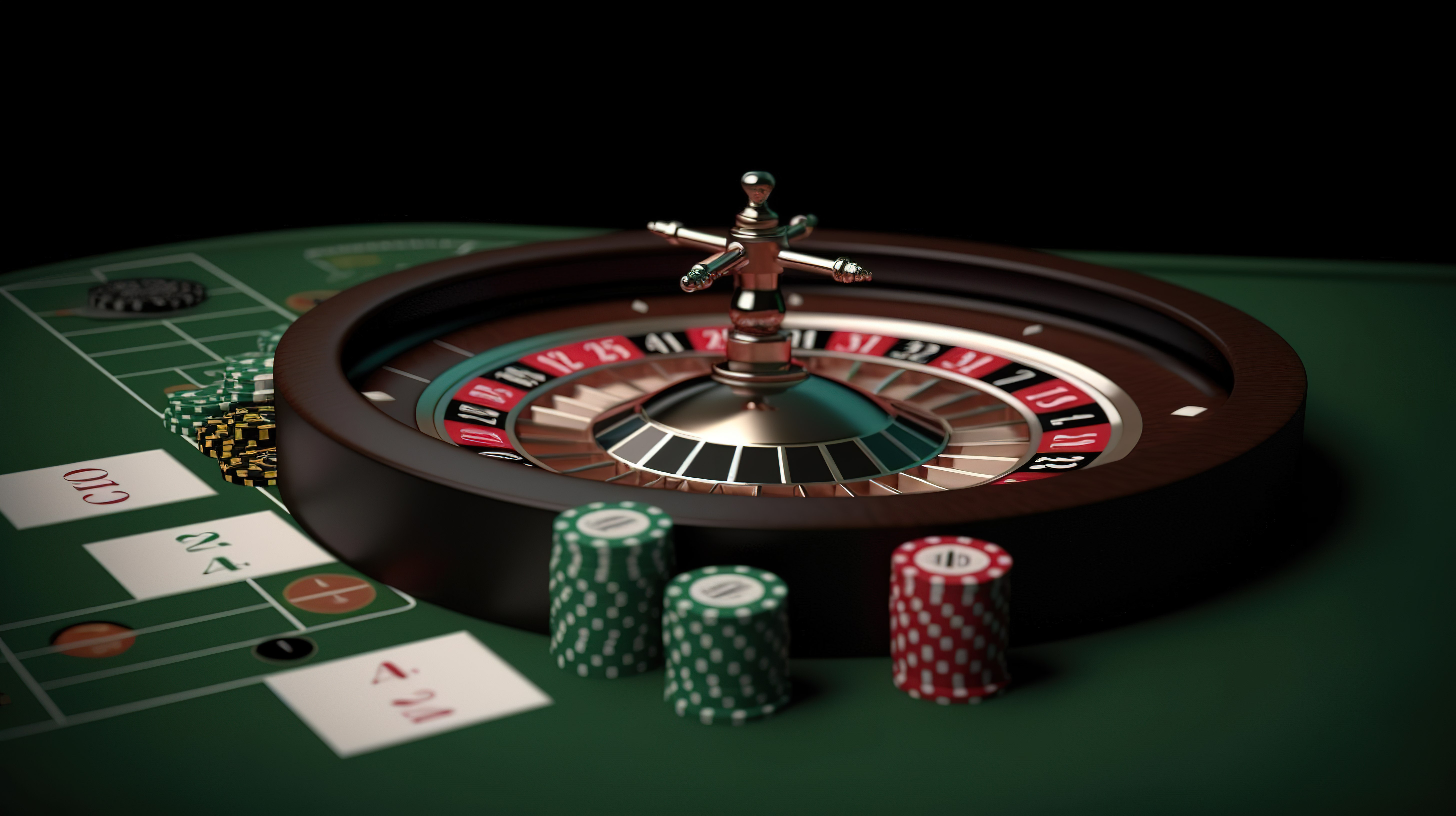 绿色背景赌场轮盘赌与骰子扑克筹码和扑克牌 3D 插图图片