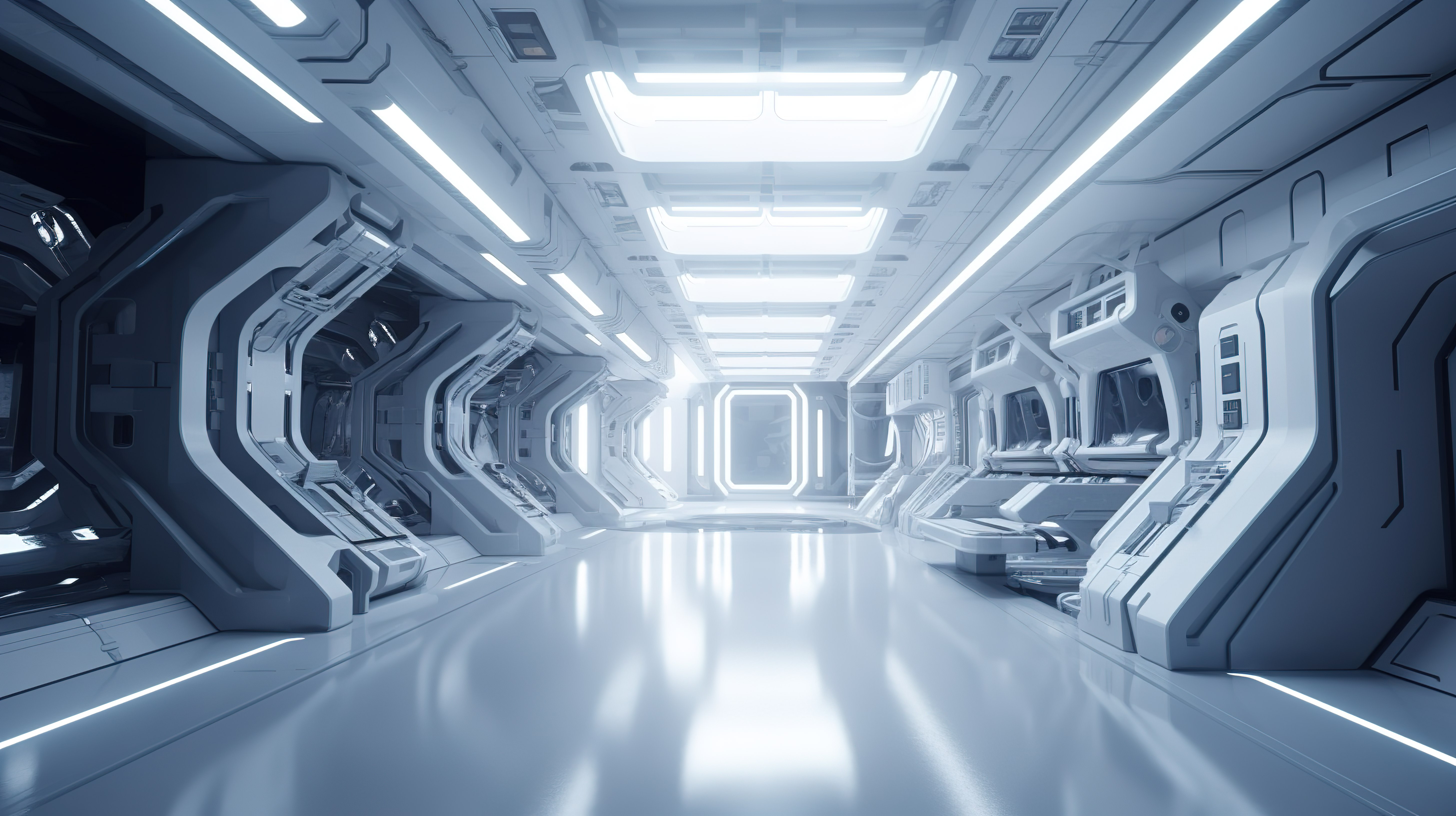 未来派太空飞船内部的 3D 建筑可视化图片
