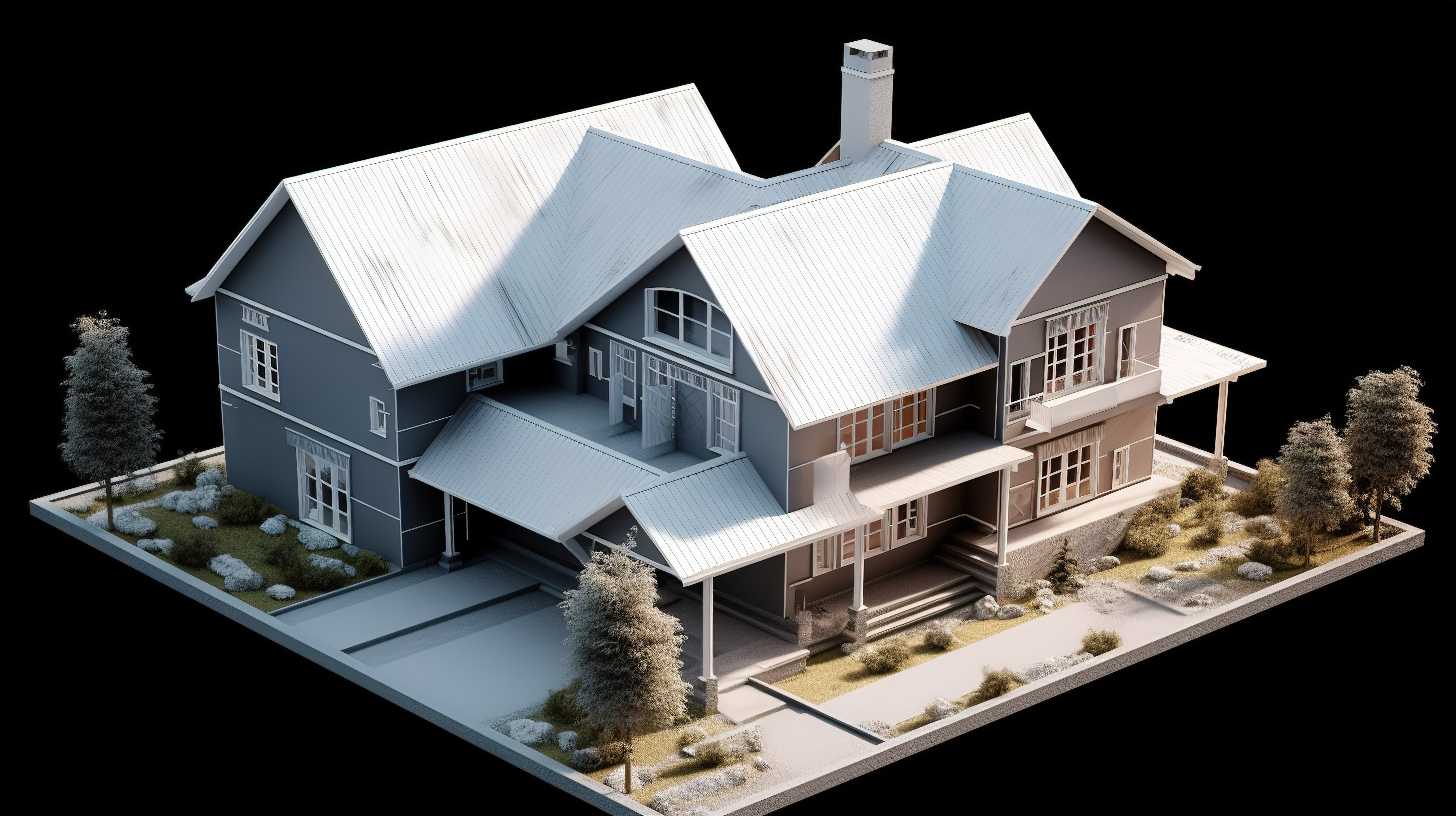 建筑房屋和景观设计的蓝图和 3D 渲染图片