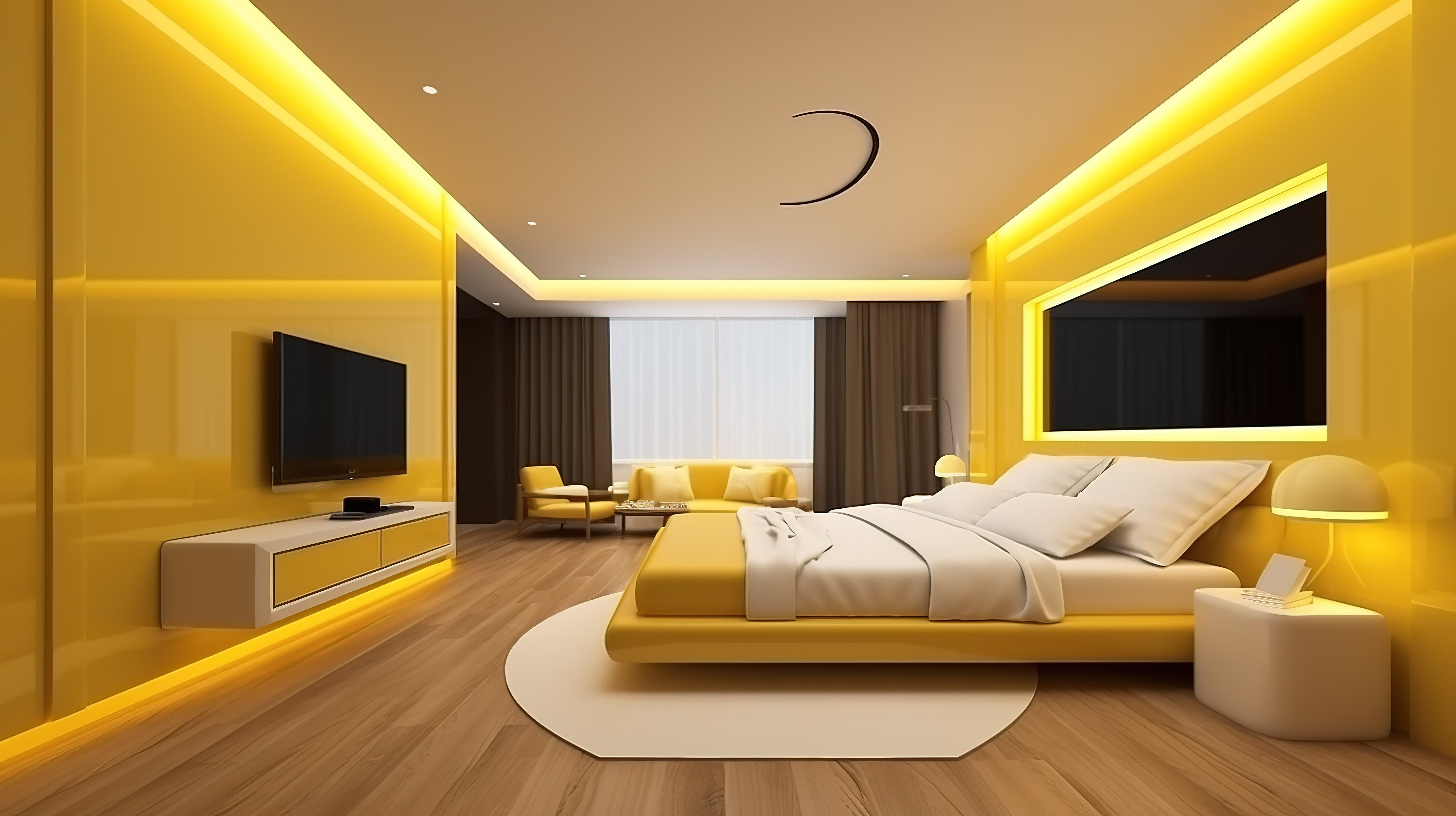 酒店内带电视的豪华黄色卧室套房的令人惊叹的 3D 渲染图片