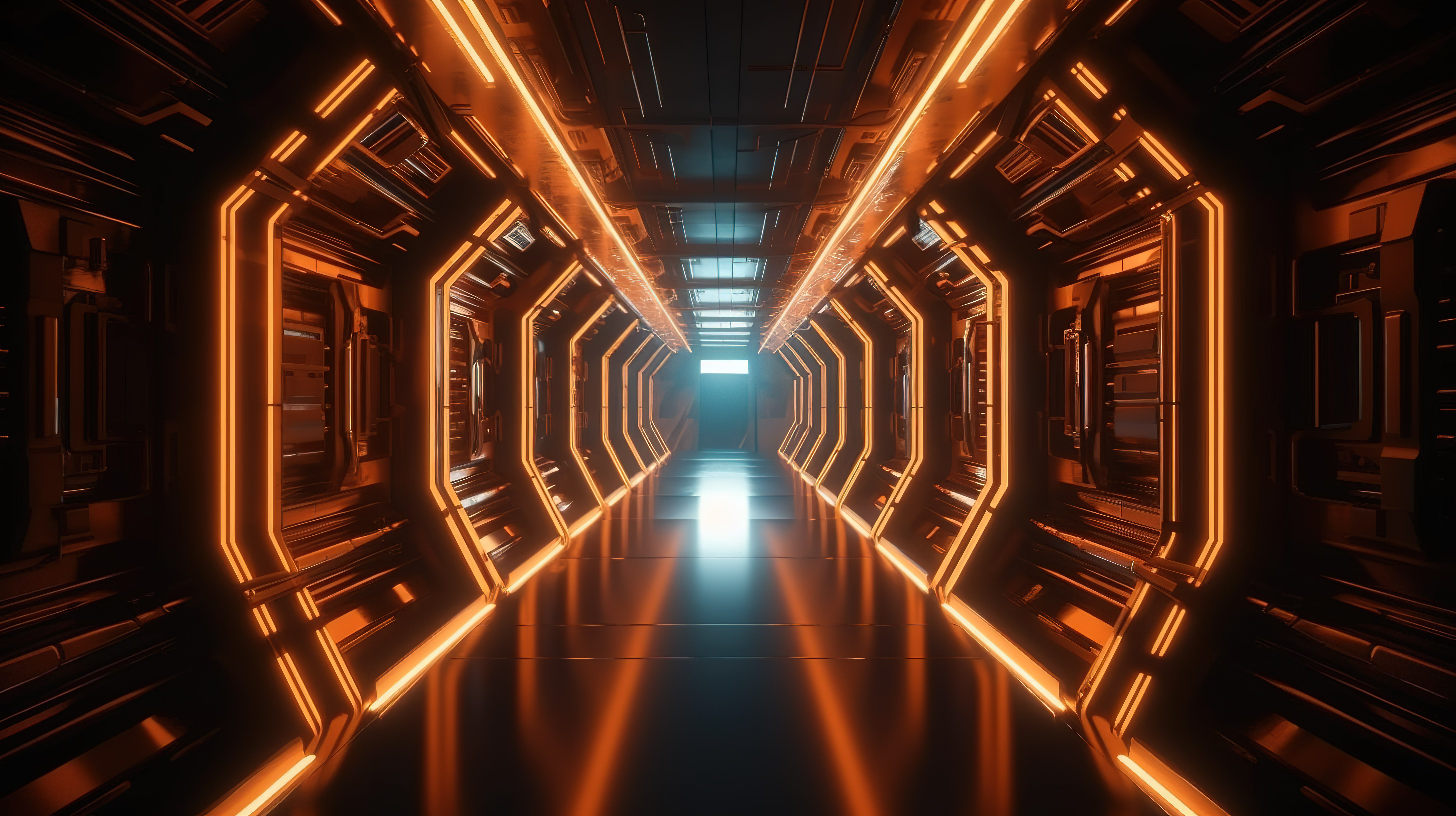 霓虹橙色 3D 渲染中发光的宇宙飞船的赛博朋克概念走廊图片