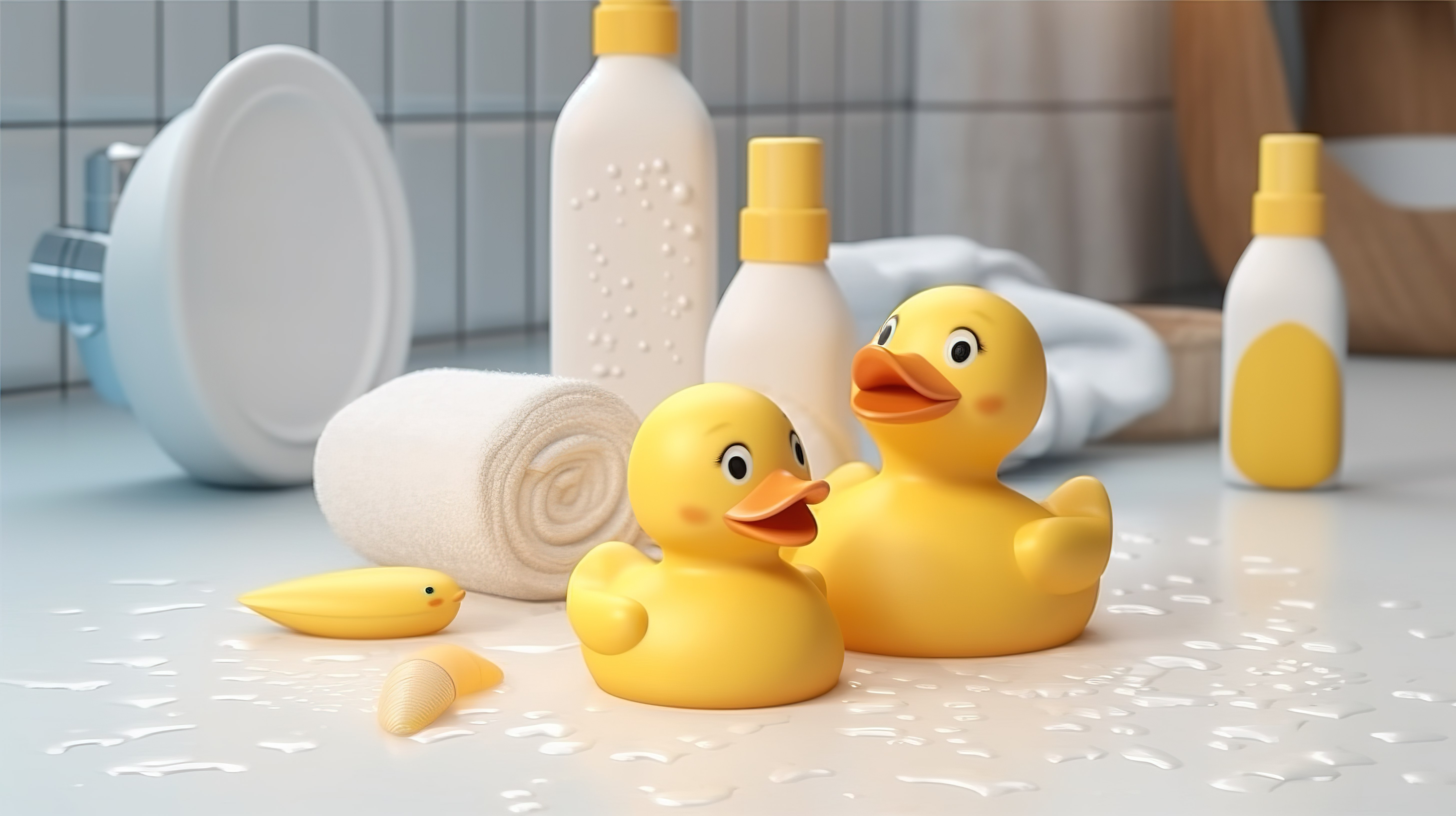 3D 渲染婴儿沐浴时间必需品可爱的鸭子玩具洗发水和沐浴露瓶毛巾等奶油瓷砖背景图片