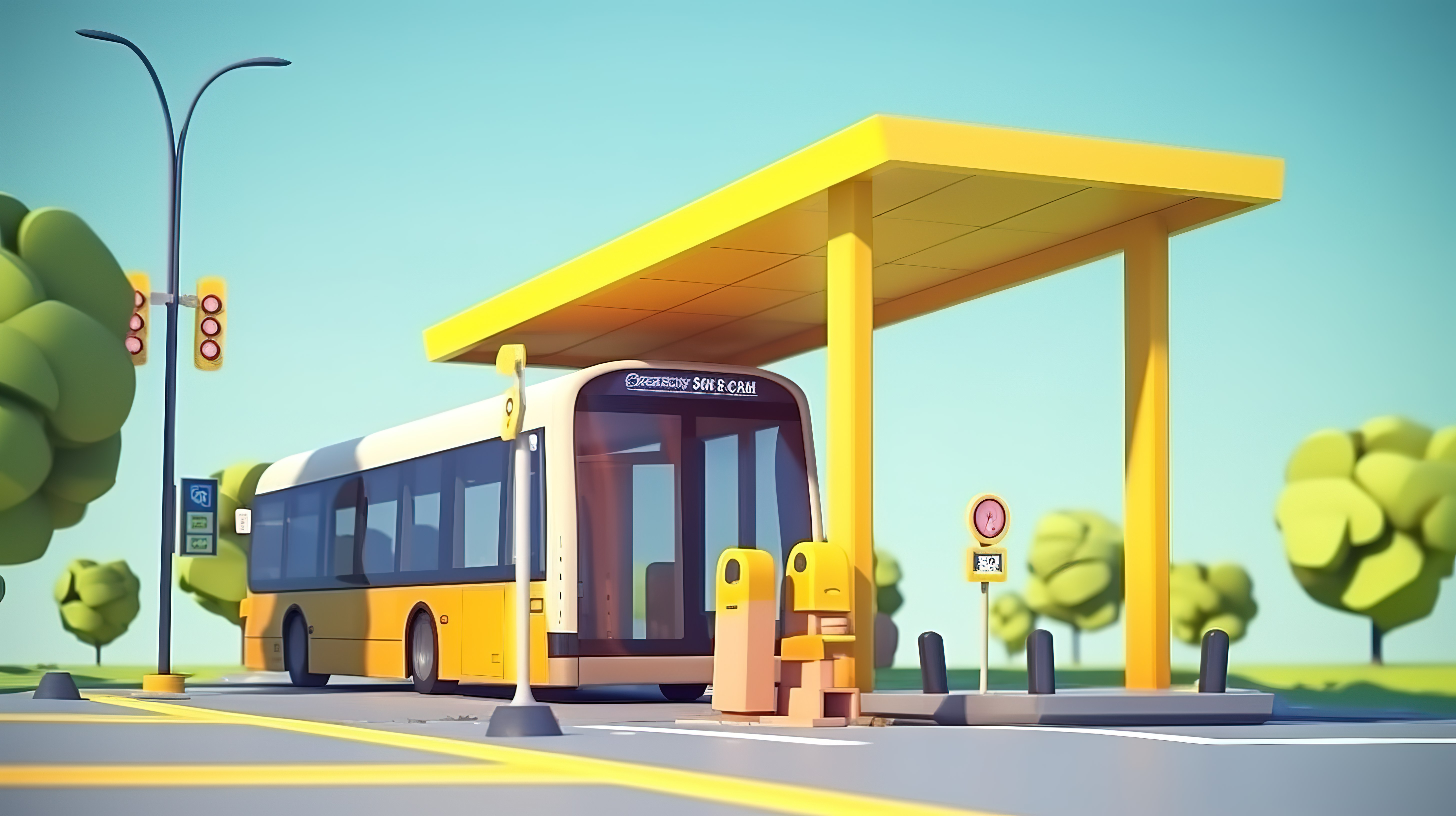 卡通城市公交车站与公共交通的 3D 插图图片