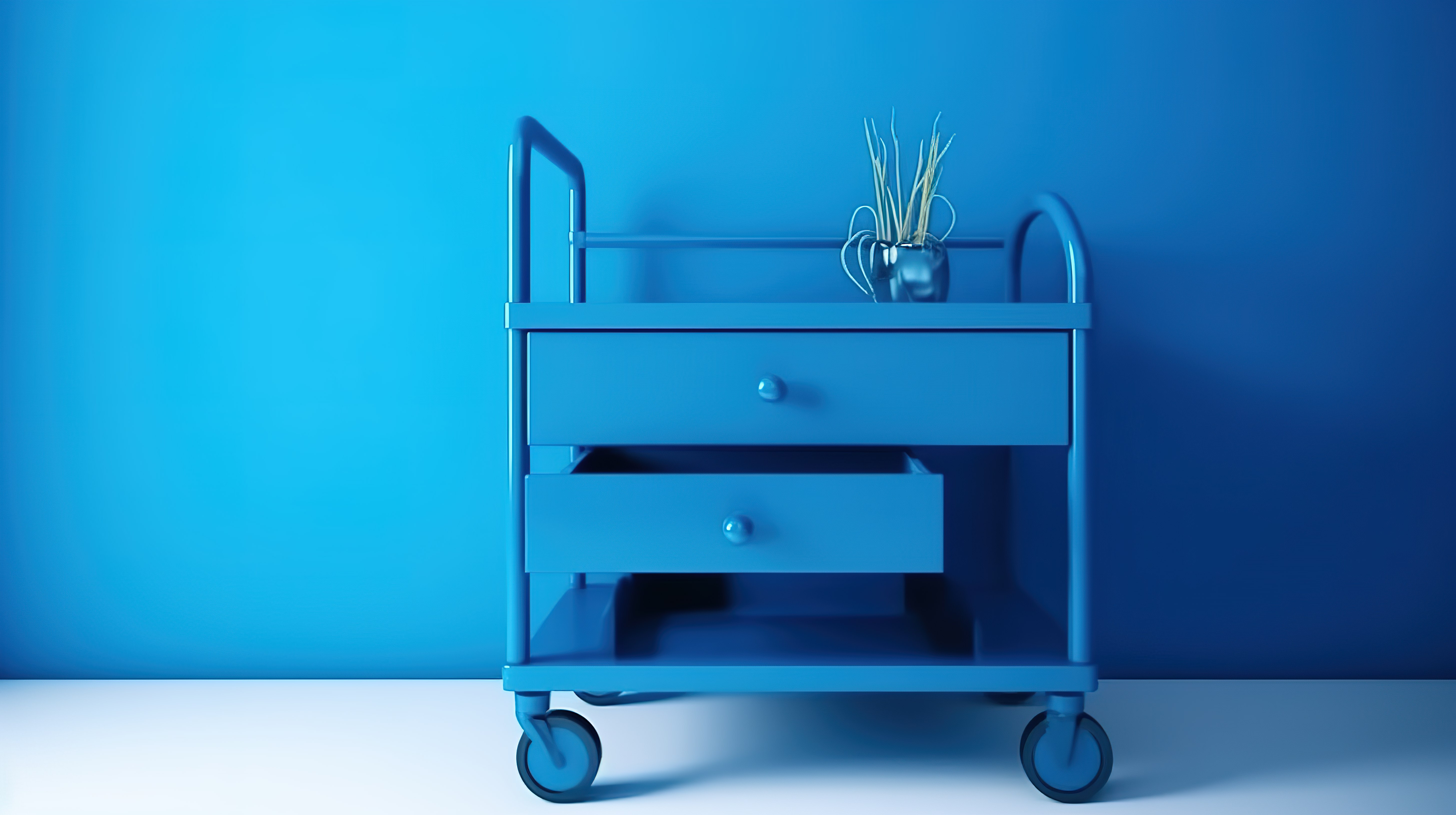 蓝色现代卧室的时尚双色调 3D 渲染，配有滚动床头柜图片