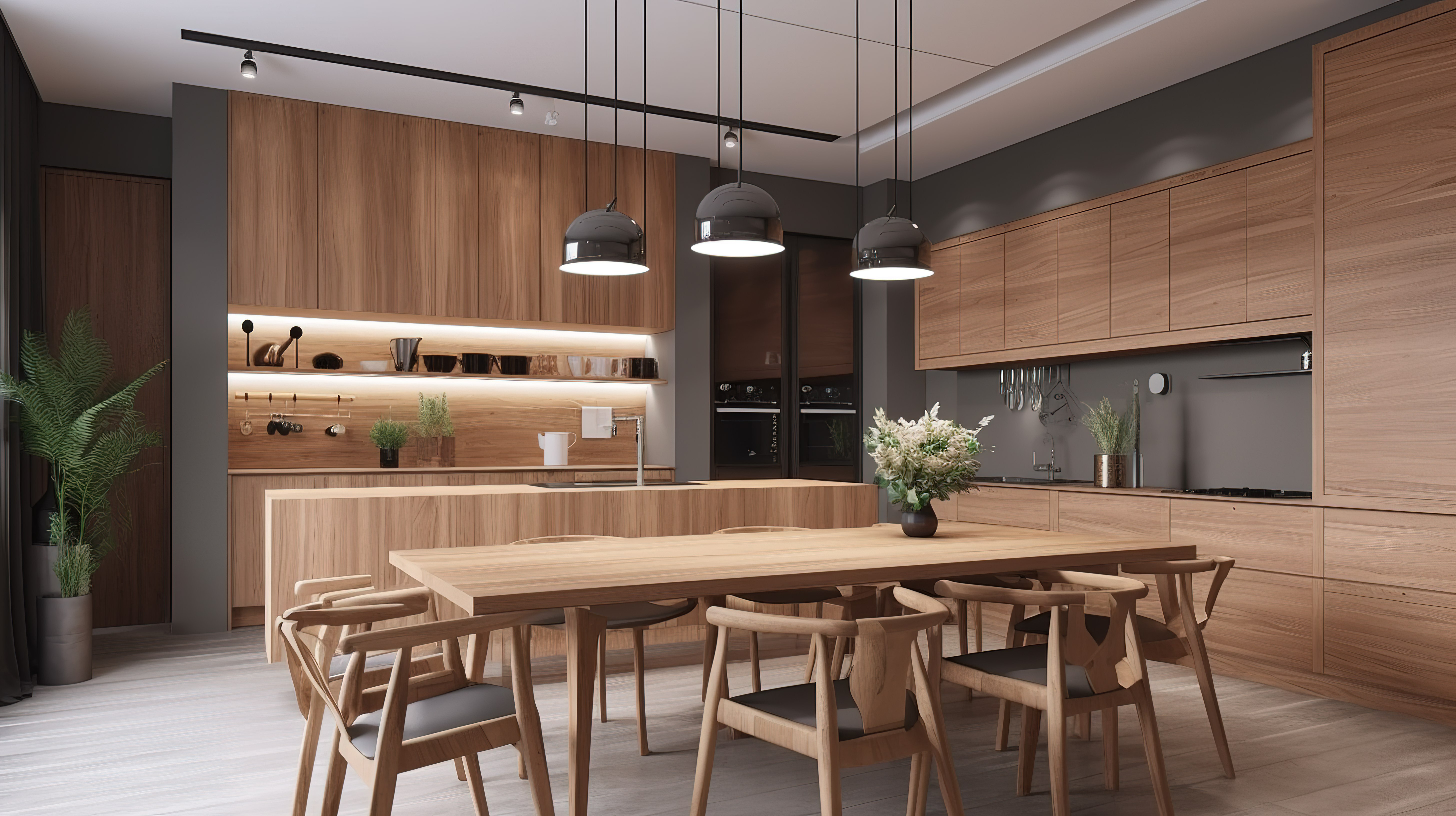 具有背光功能和餐桌的设计师棕色木质家具厨房的 3D 渲染图片