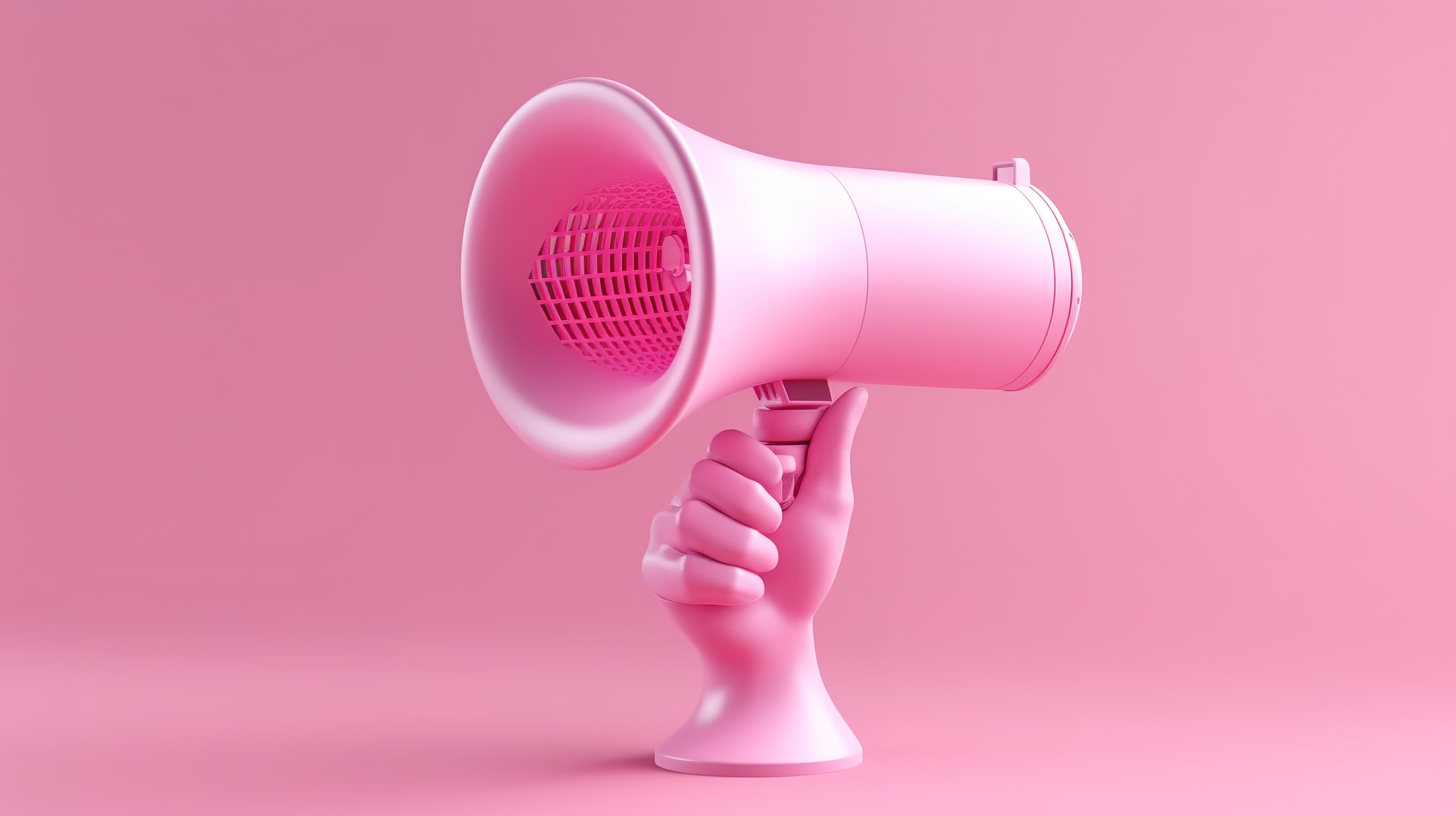 粉红色背景，手持扩音器扬声器的 3D 渲染，周围环绕着聊天气泡，用于公告促销图片