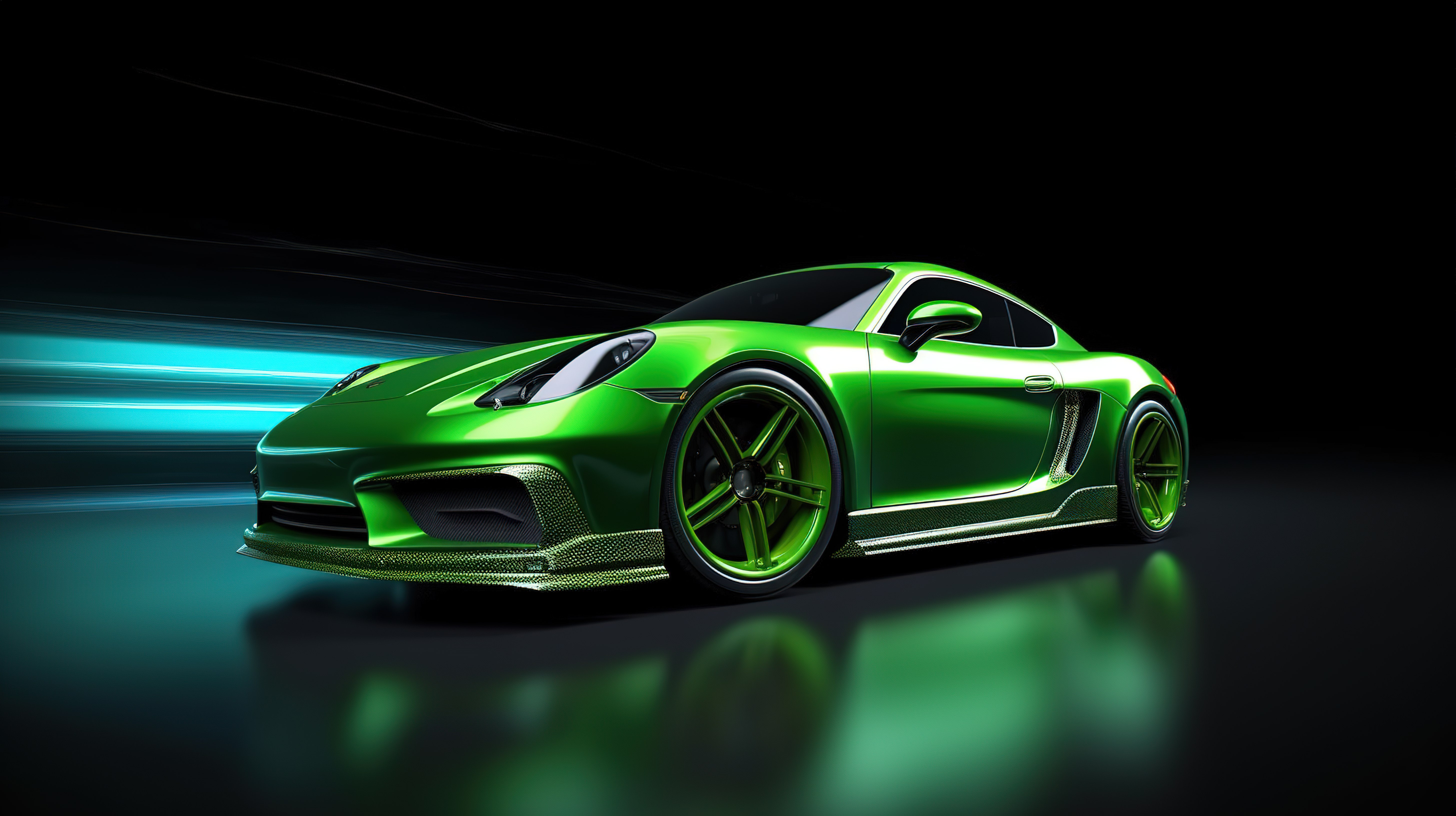 时尚而强大的绿色轿跑车，具有先进的赛车调校和定制车轮扩展 3D 渲染图片