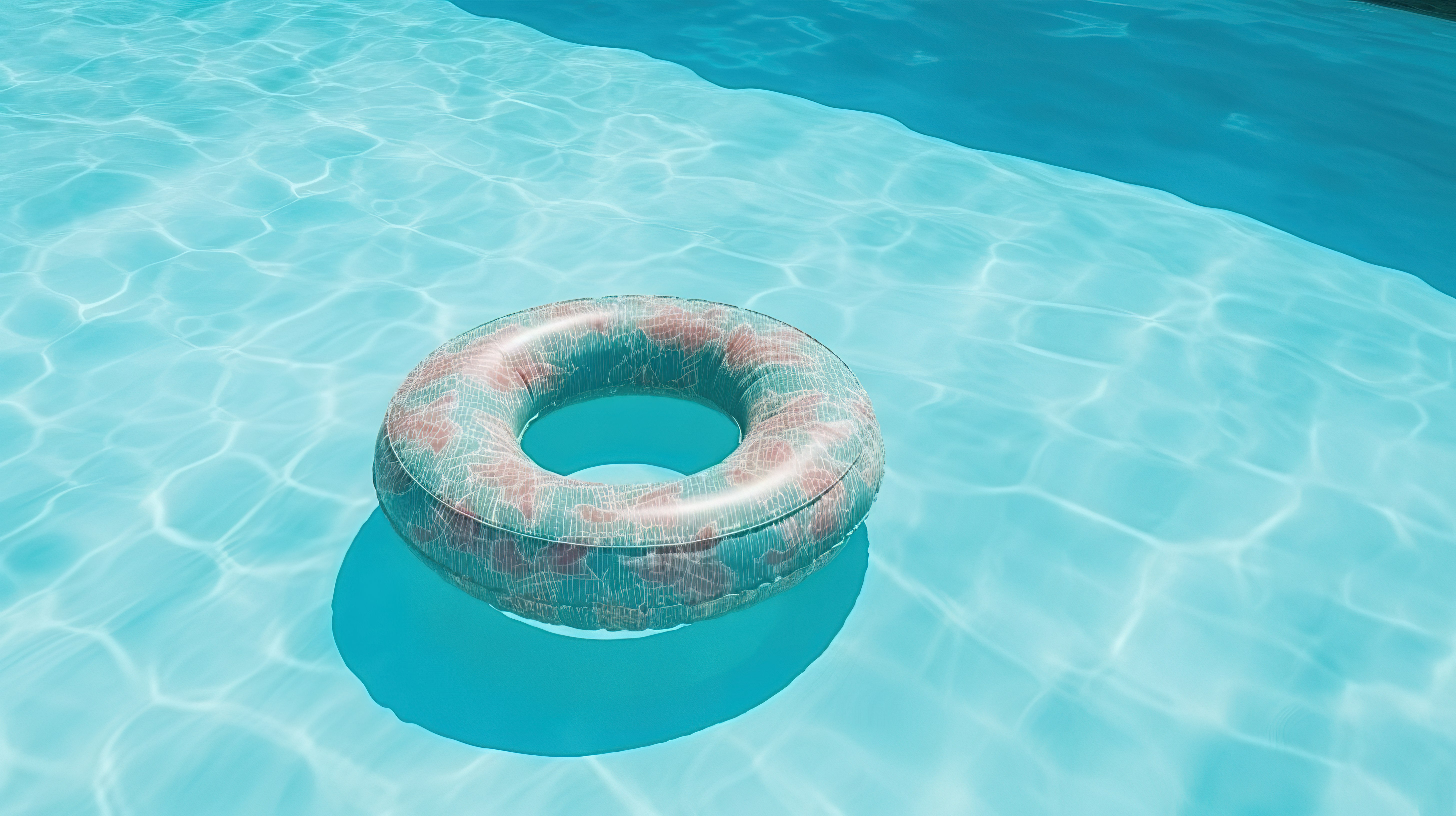 顶视图暑假背景充气橡胶环漂浮在游泳池水上，具有 3D 渲染和充足的复制空间图片