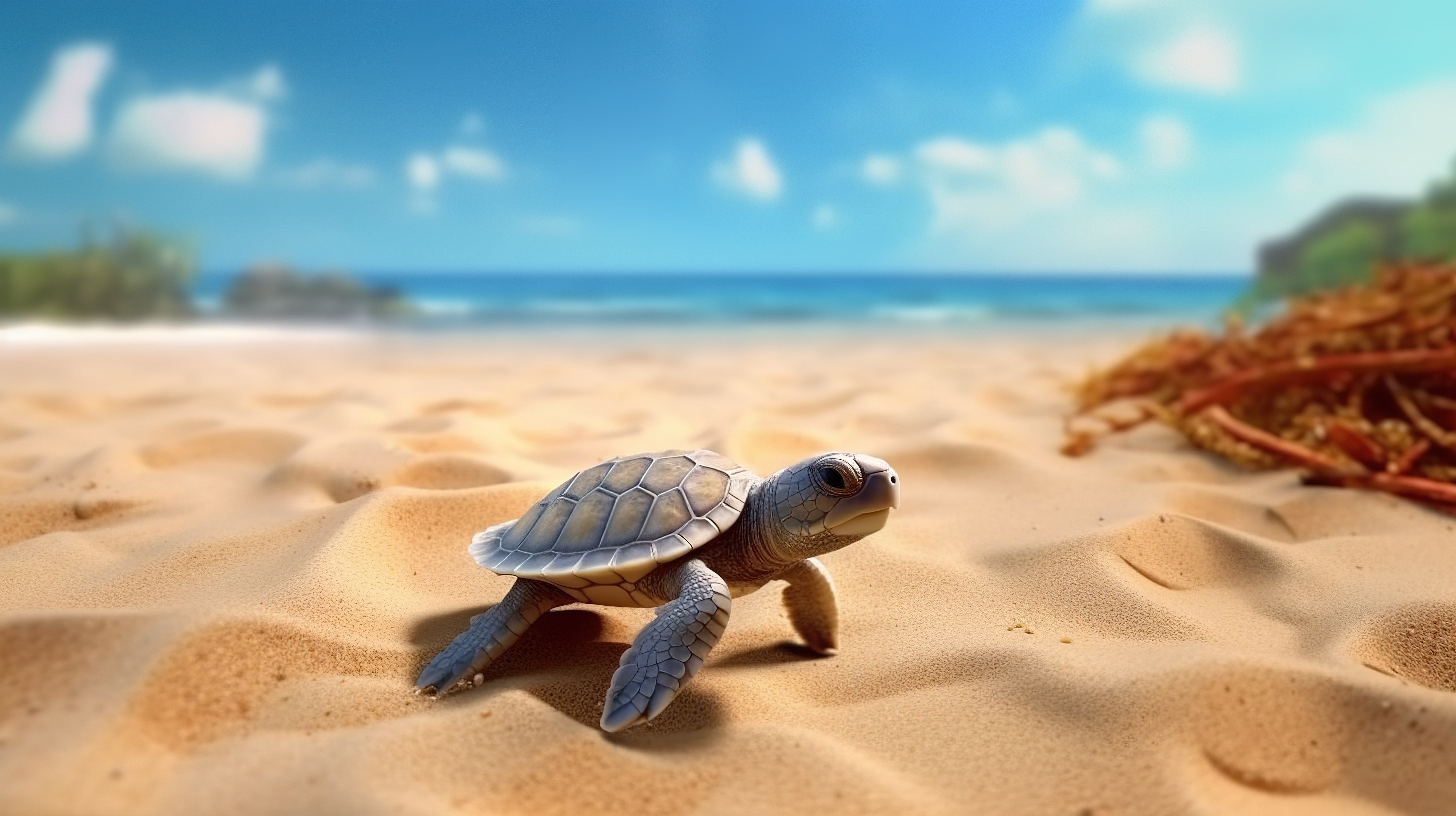 小海龟在沙滩上向海洋走去，3D 渲染了新生命的插图图片