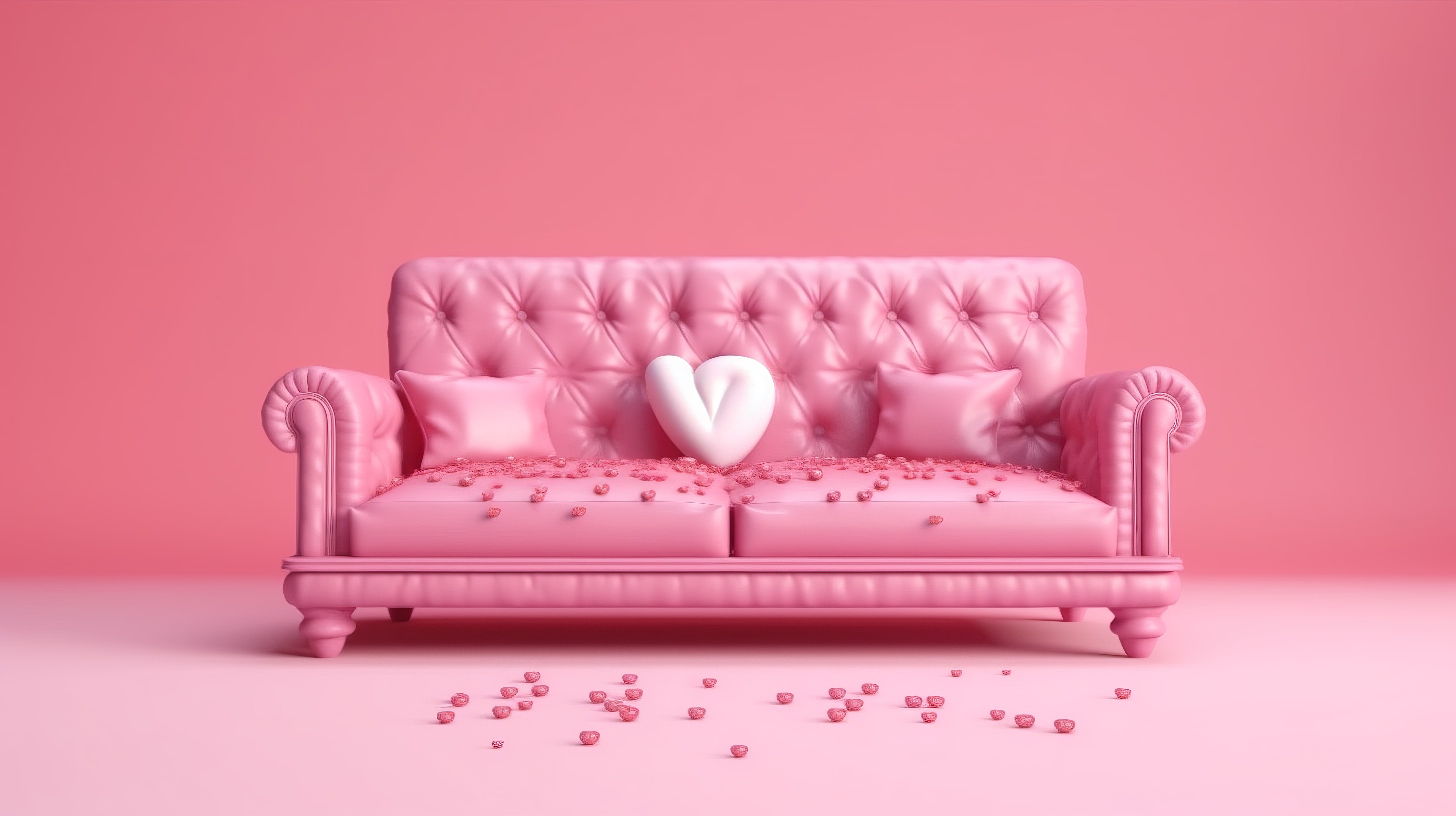 空气中弥漫着爱，用心形气球和背景 3D 渲染中的粉红色沙发庆祝情人节图片