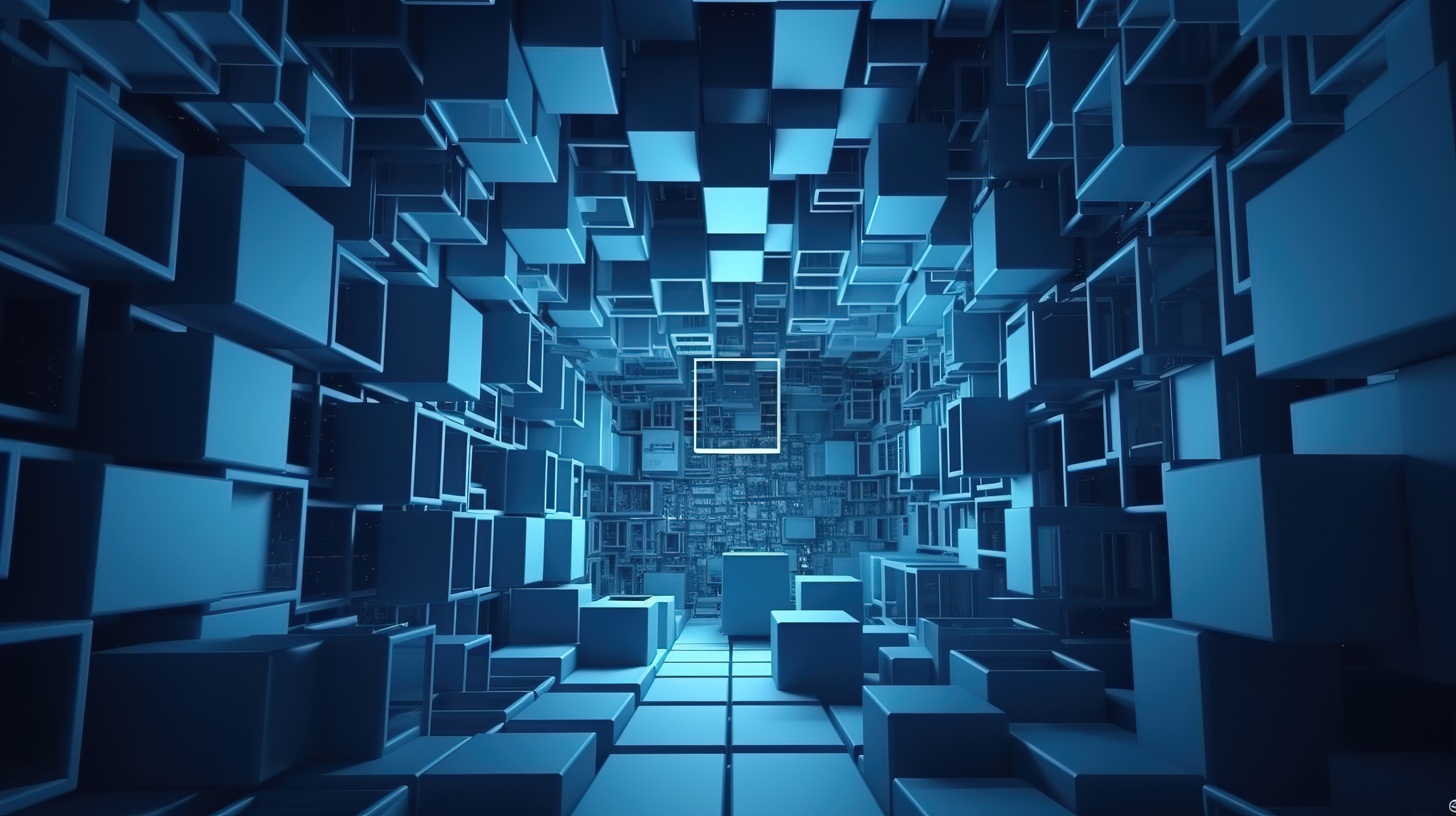 元宇宙中创新的蓝色壁纸房间的 3D 渲染是对技术的抽象探索图片