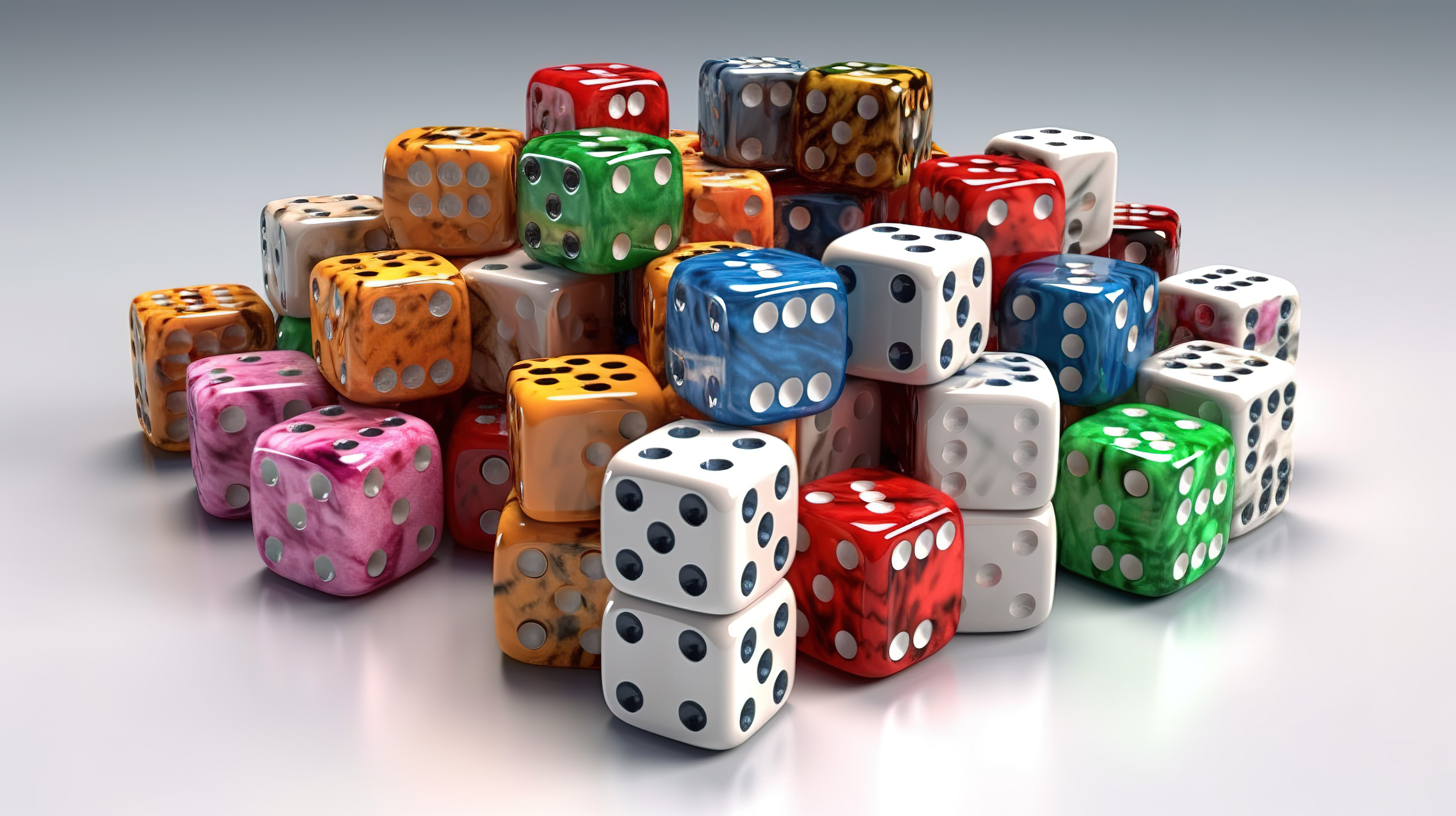 白色背景上不同位置的彩色游戏骰子立方体，说明赌场赌博的兴奋图片