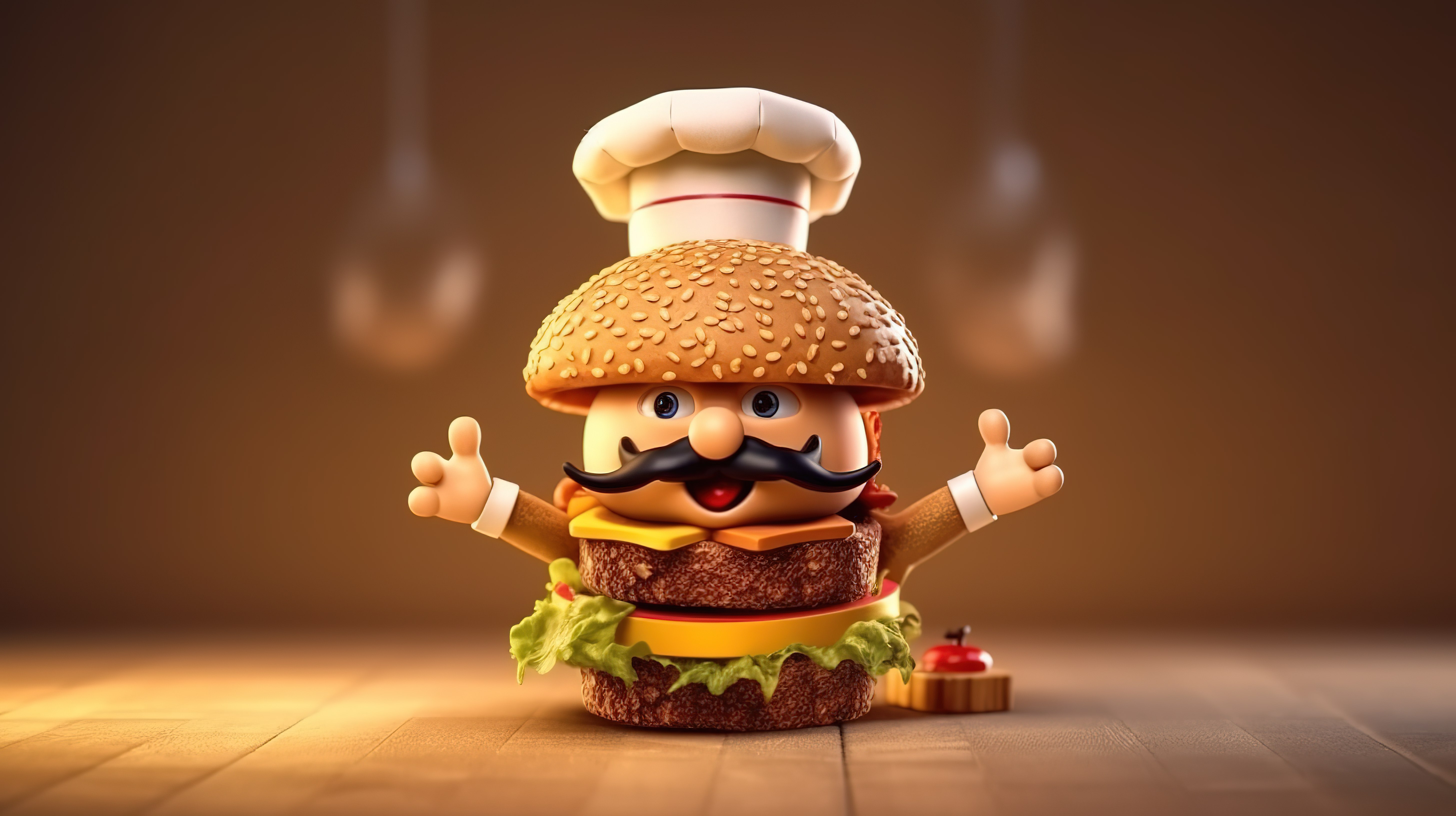 戴着厨师帽的美味汉堡 3D 杰作图片