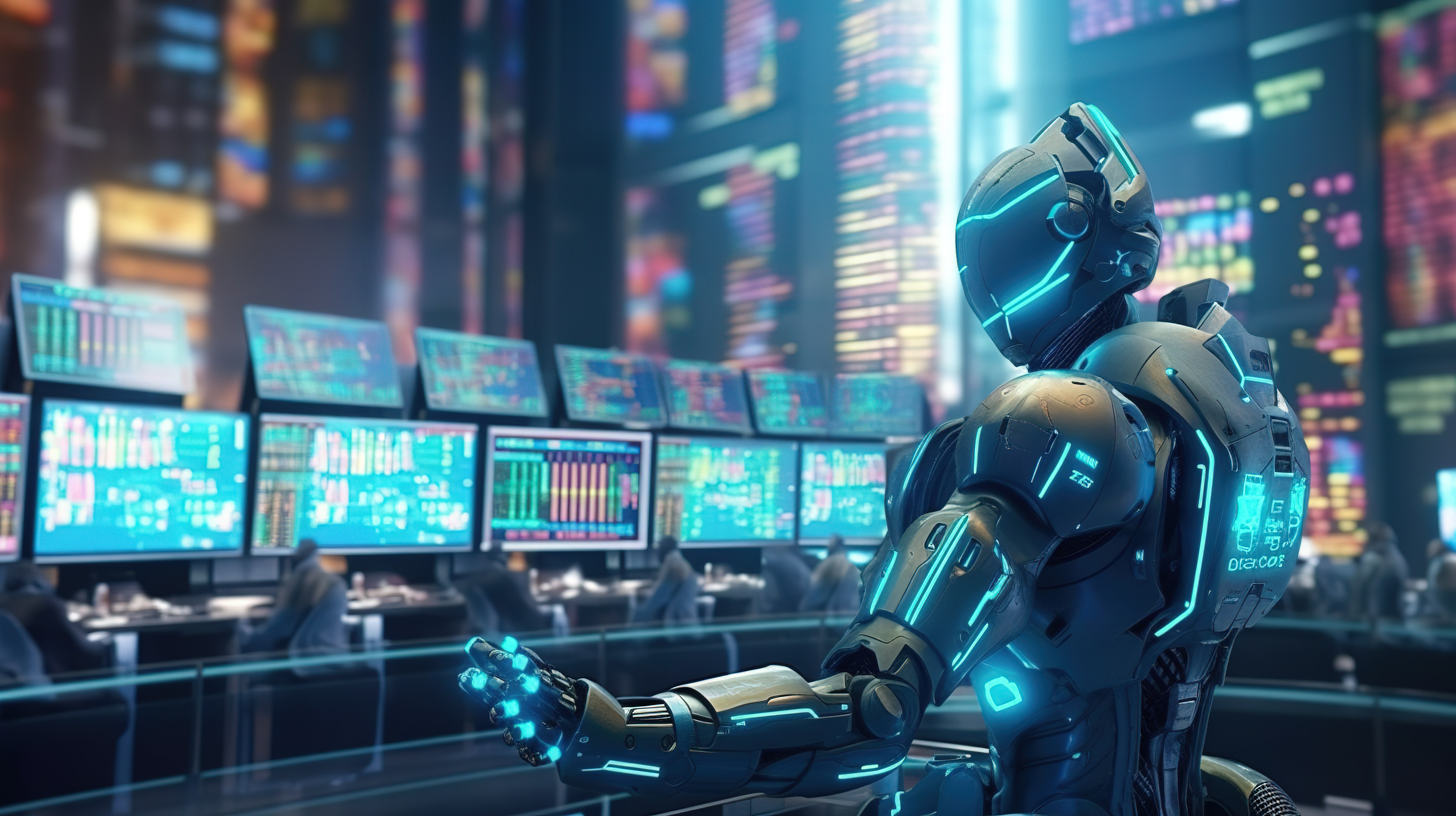 金融技术概念中的 3D 渲染可爱机器人的股市分析图片