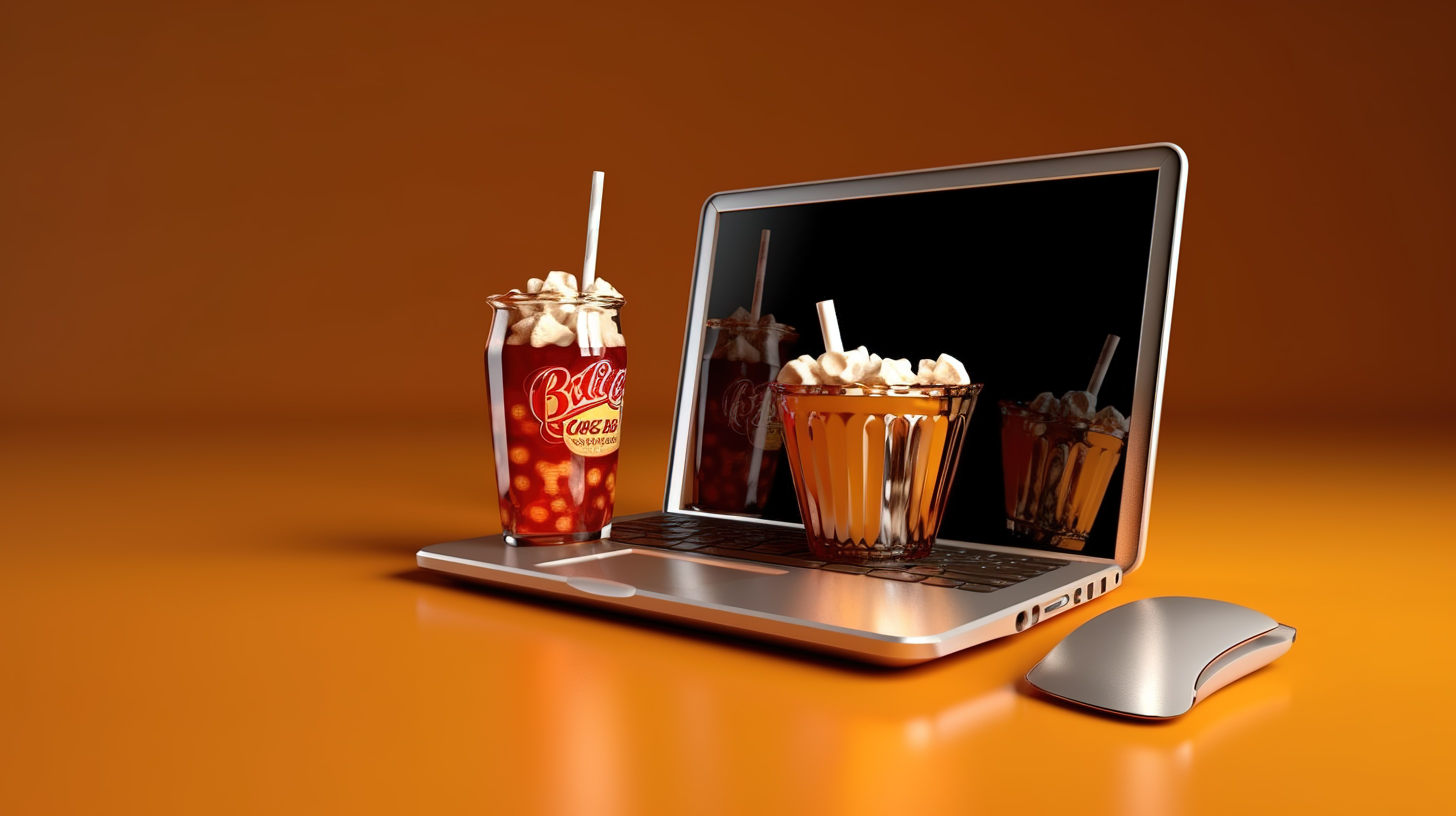 可乐爆米花和笔记本电脑的 3d 渲染图片