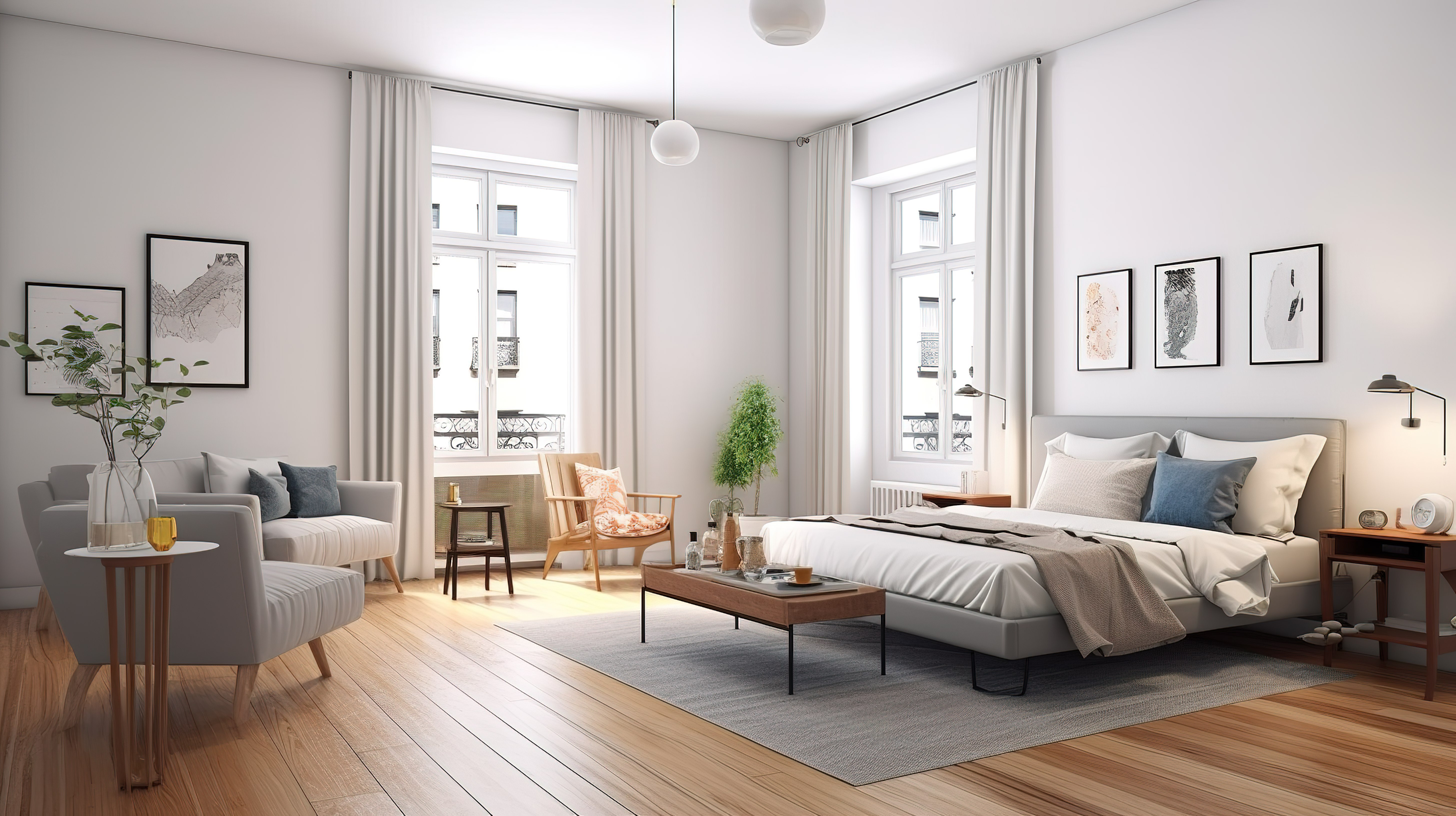 时尚的北欧公寓配有别致的房间家具白色墙壁和木地板 3D 渲染图片