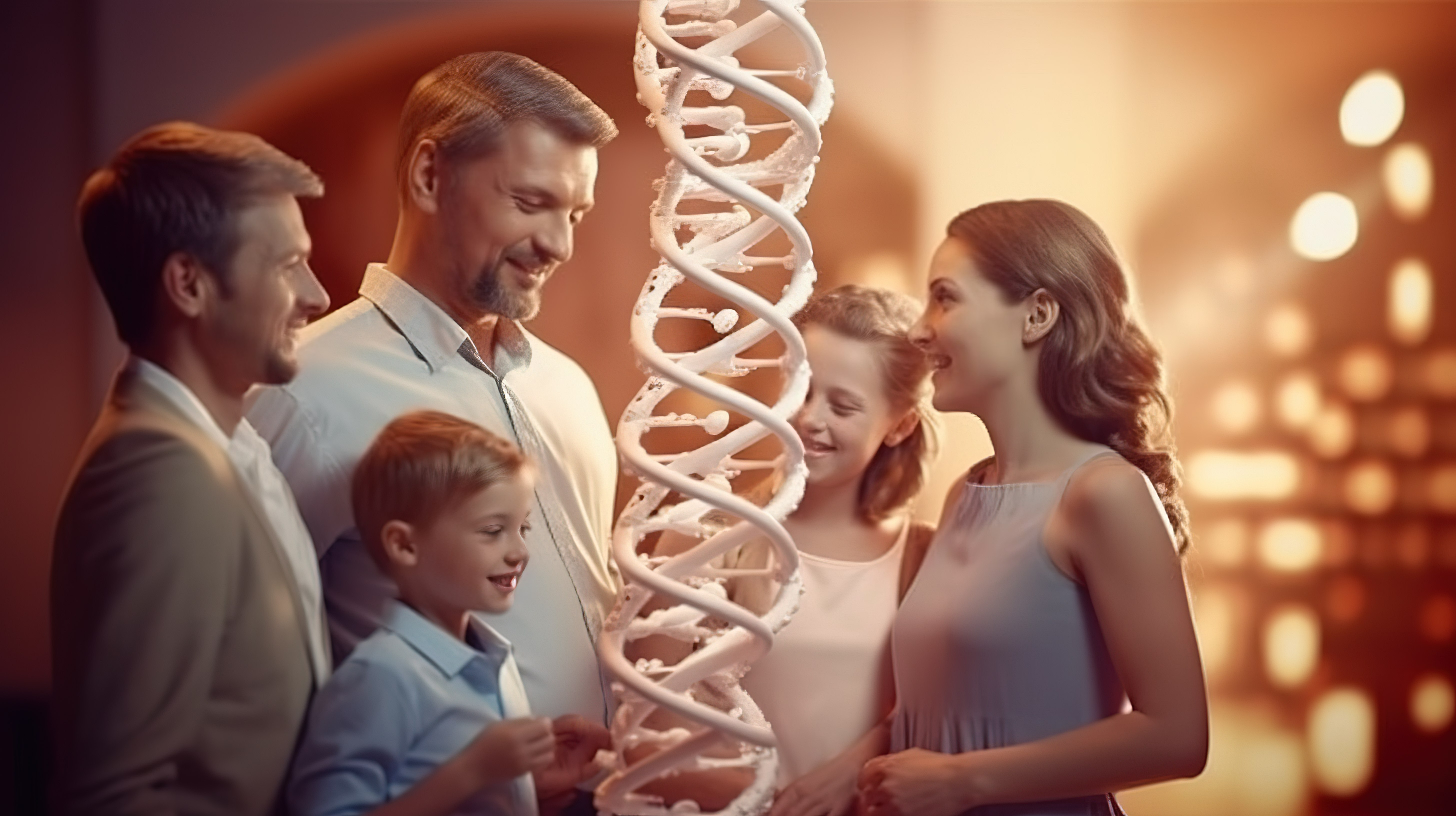 幸福的团结家庭聚集在一个大型 3D DNA 结构周围，带着一起学习的热情和快乐来检查它图片
