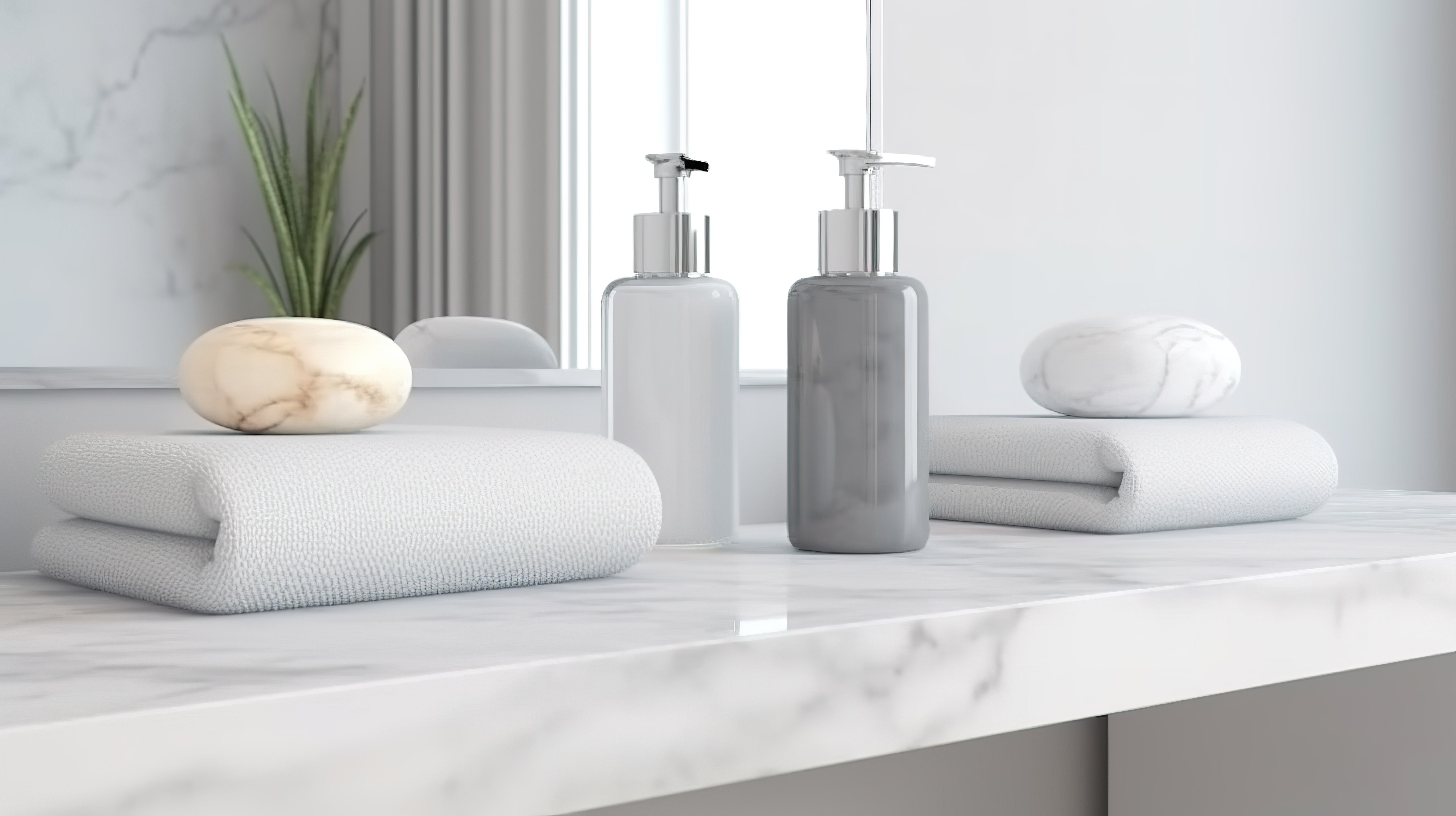 白色浴室 3D 渲染，配有大理石桌面毛巾和沐浴露瓶，带有模型空间图片