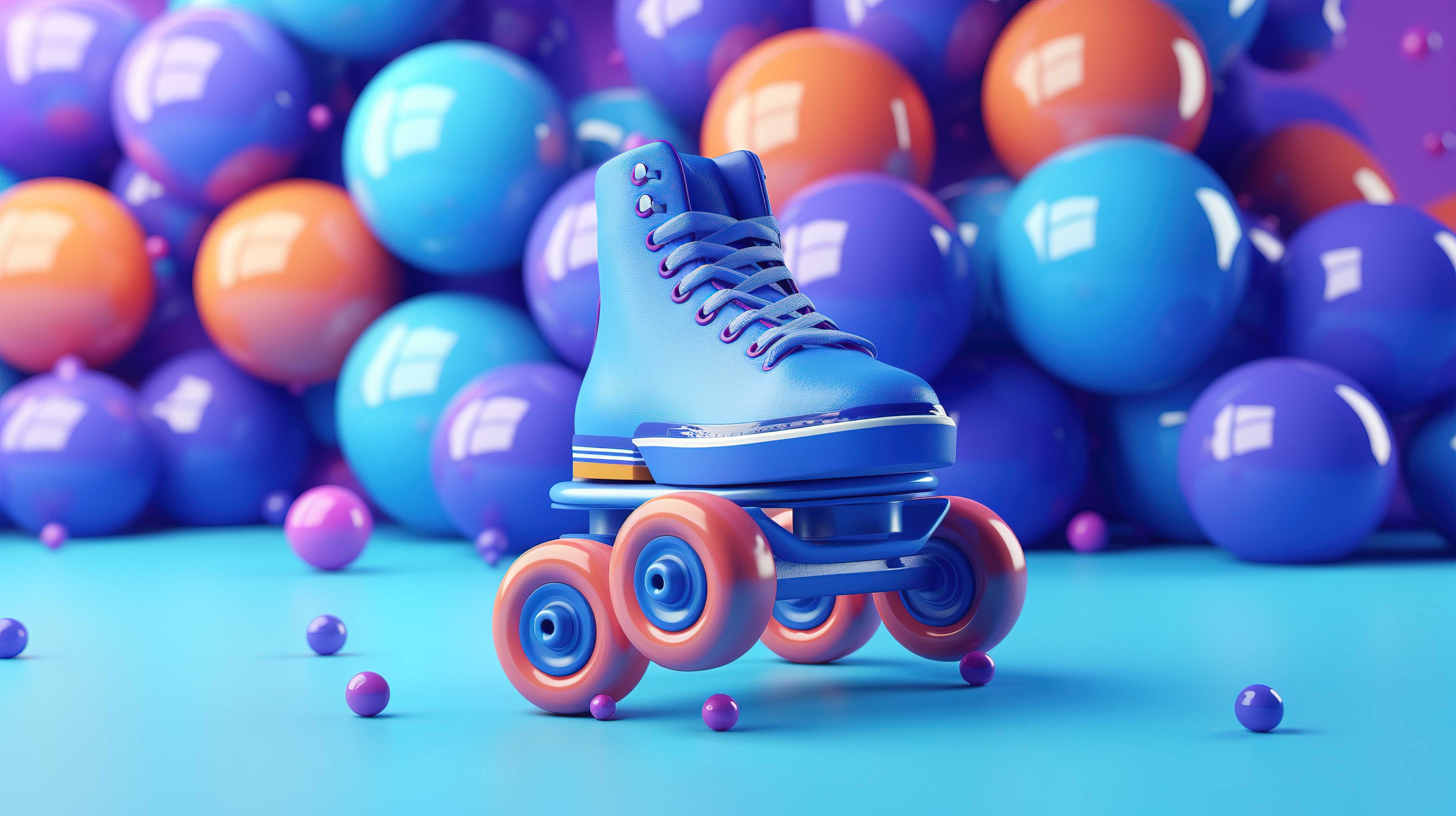 充满活力的蓝色溜冰鞋和滑板，周围环绕着蓝色背景 3D 渲染上的彩色球海图片