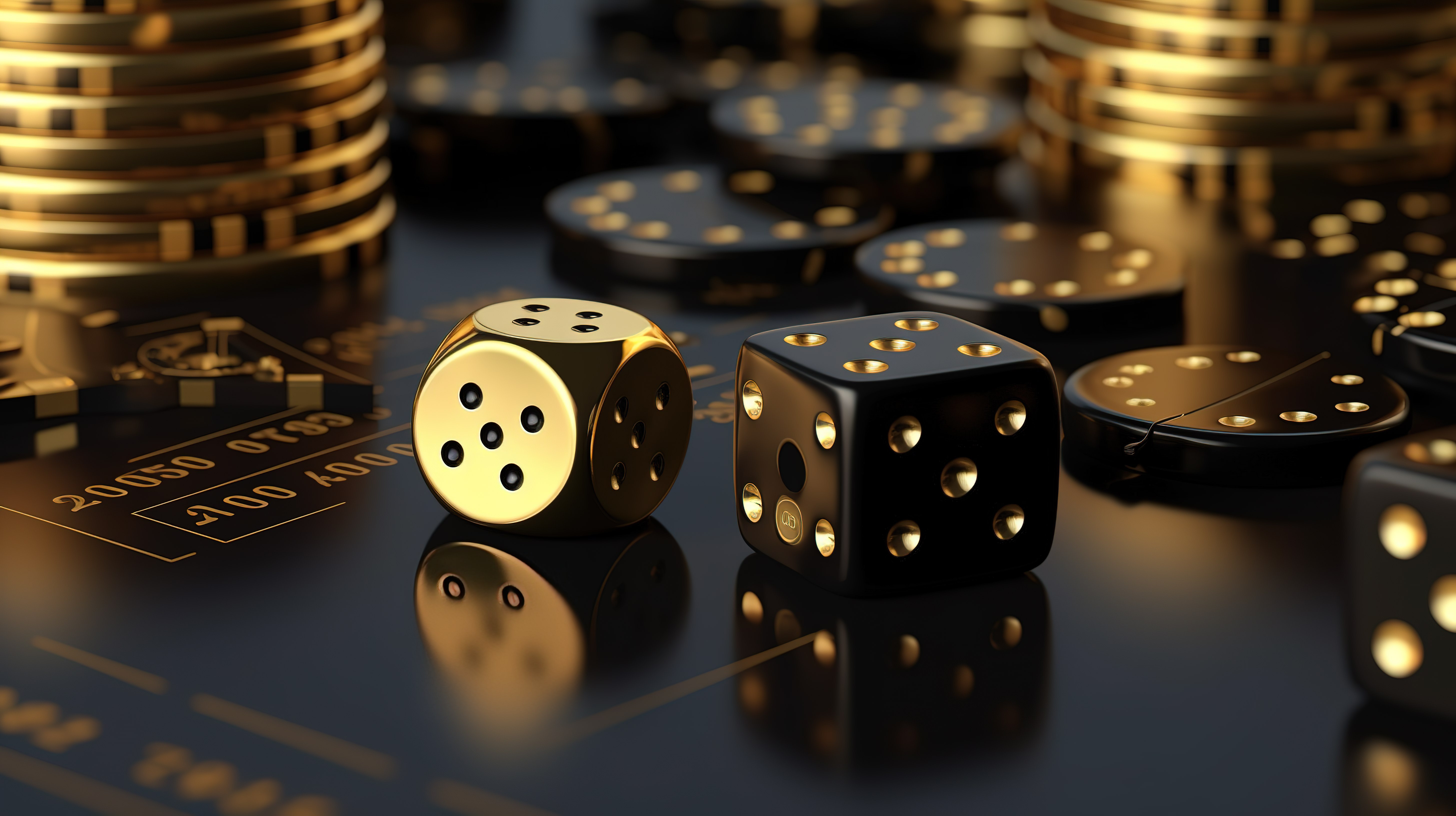 赌场筹码和金色装饰黑色骰子的 3D 渲染插图图片