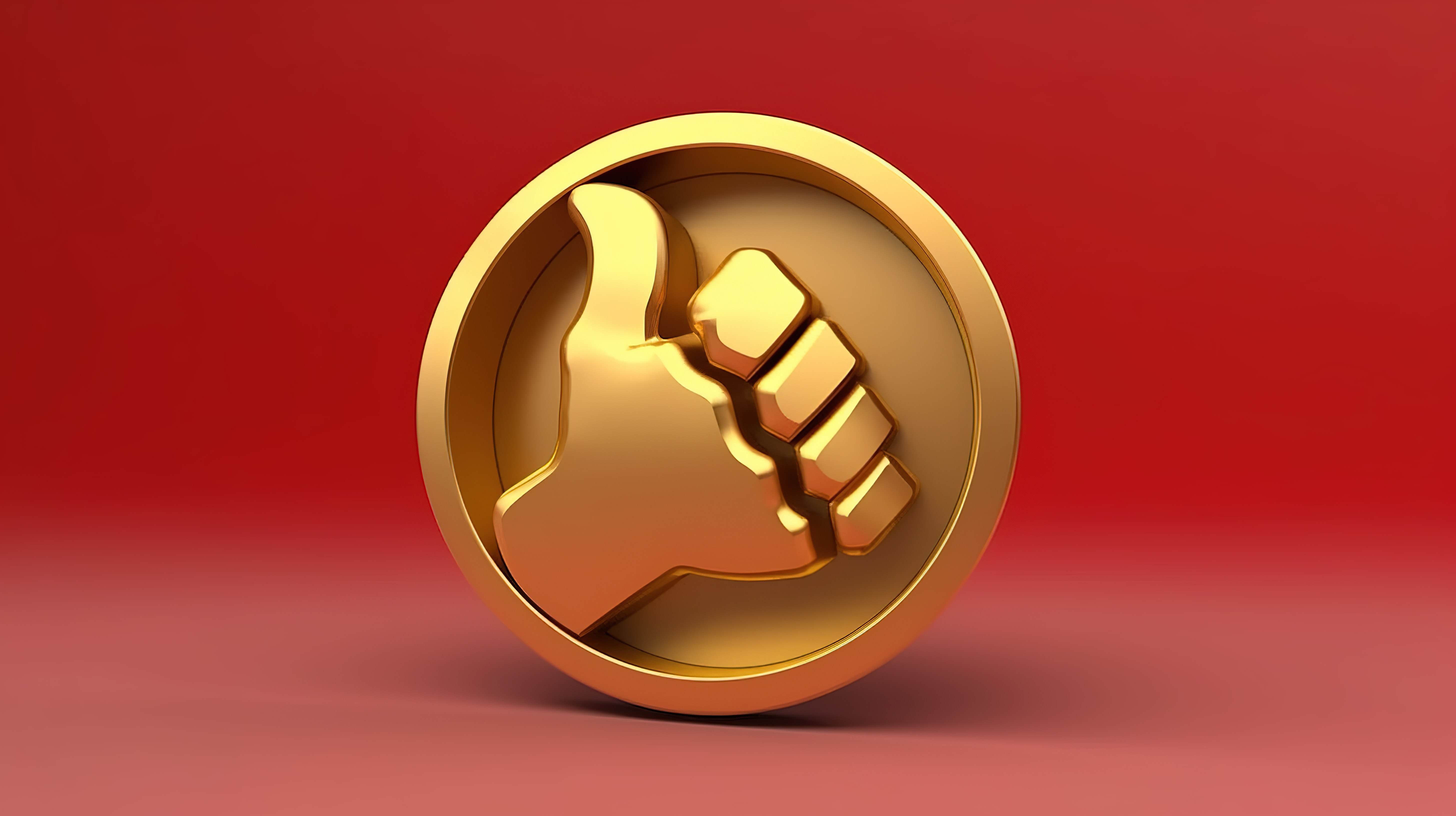 红色哑光金色牌匾上的金色拳头徽章 3D 渲染的社交媒体图标图片