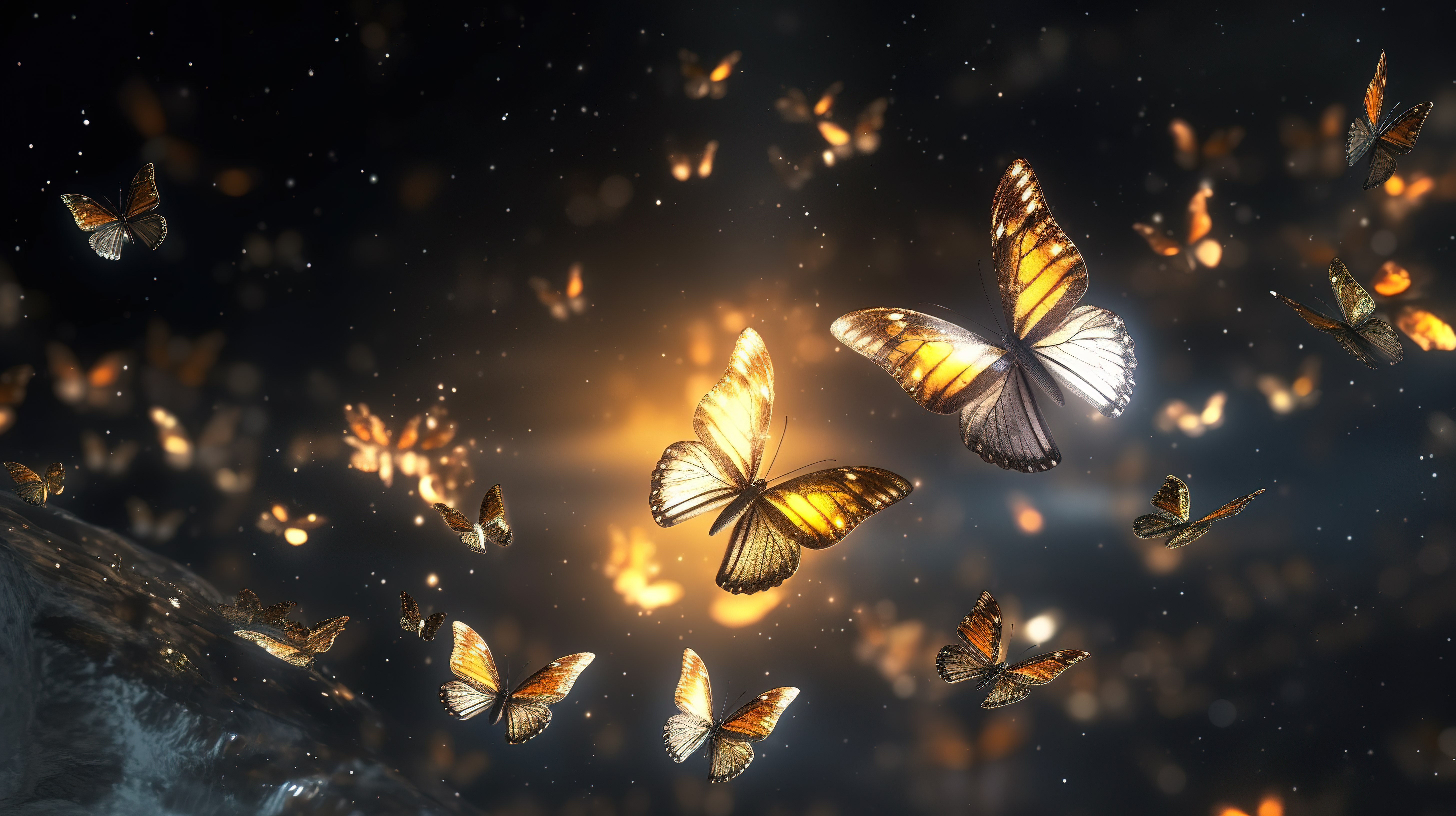 一群蝴蝶在闪闪发光的空间中翱翔 3D 渲染与金色星尘图片
