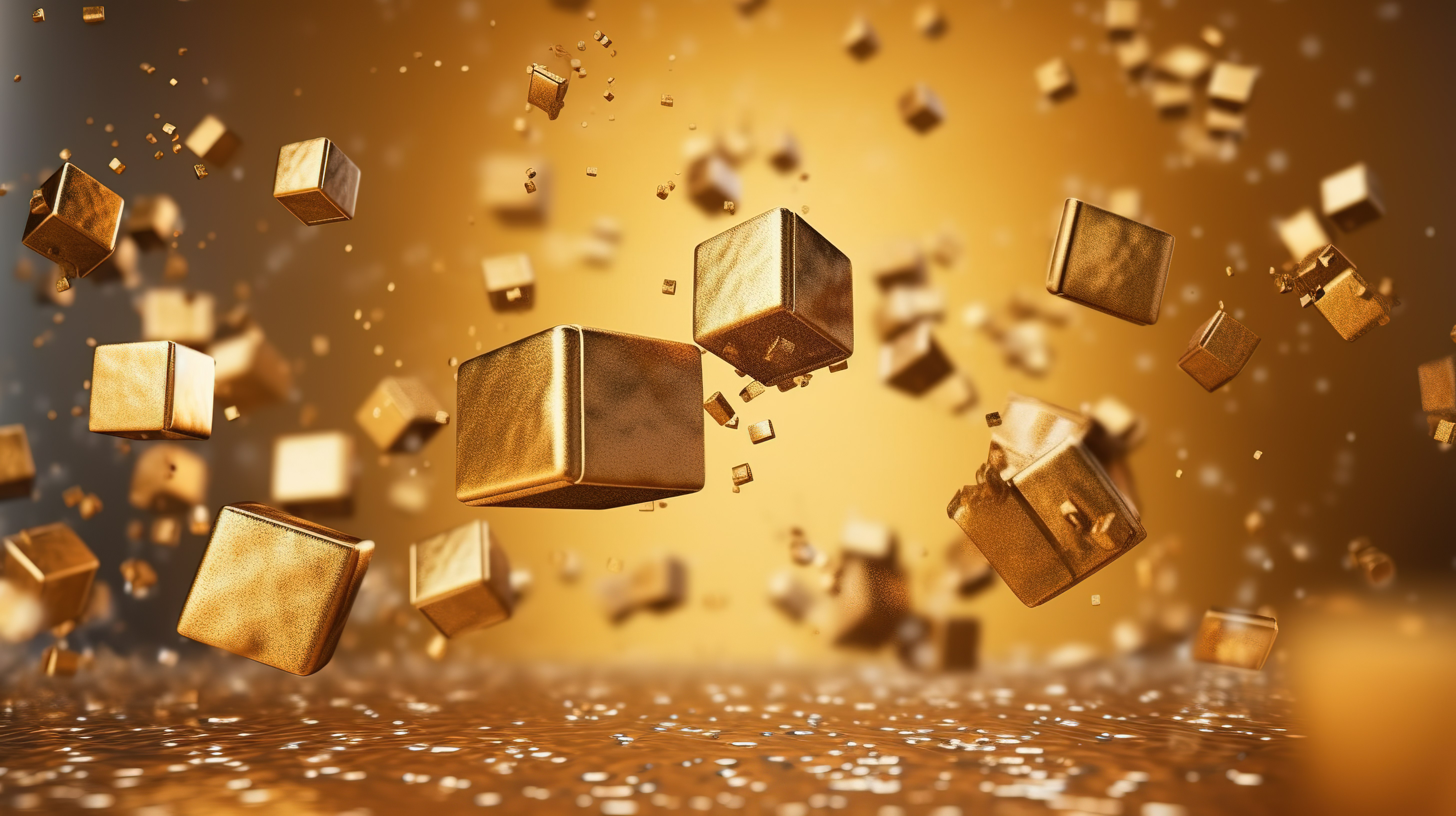 大量金色礼品盒层叠在 3D 渲染的金色背景中图片